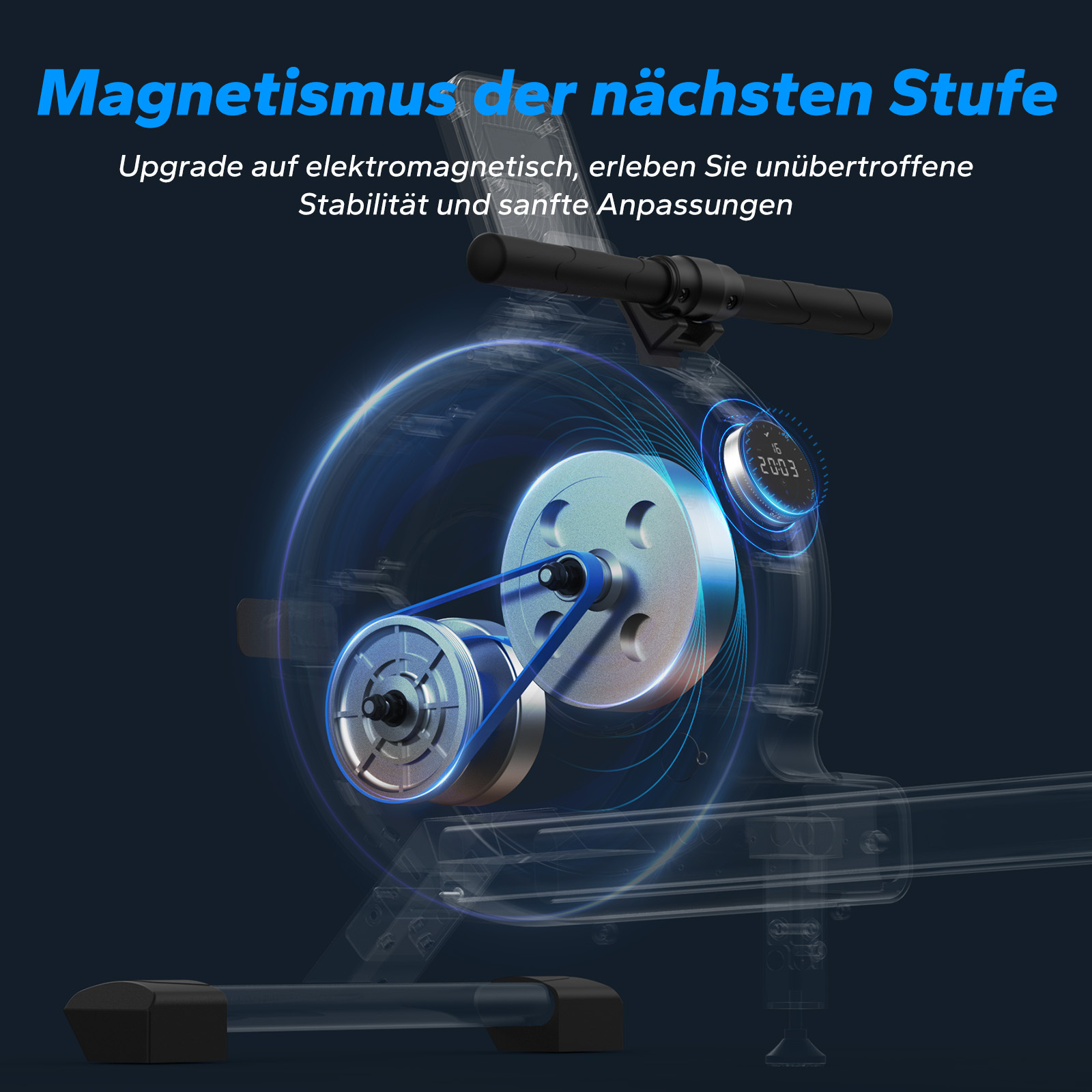 Ein schematischer Blick auf das elektromagnetische Schwungrad eines Heimtrainers mit blauen Riemen.