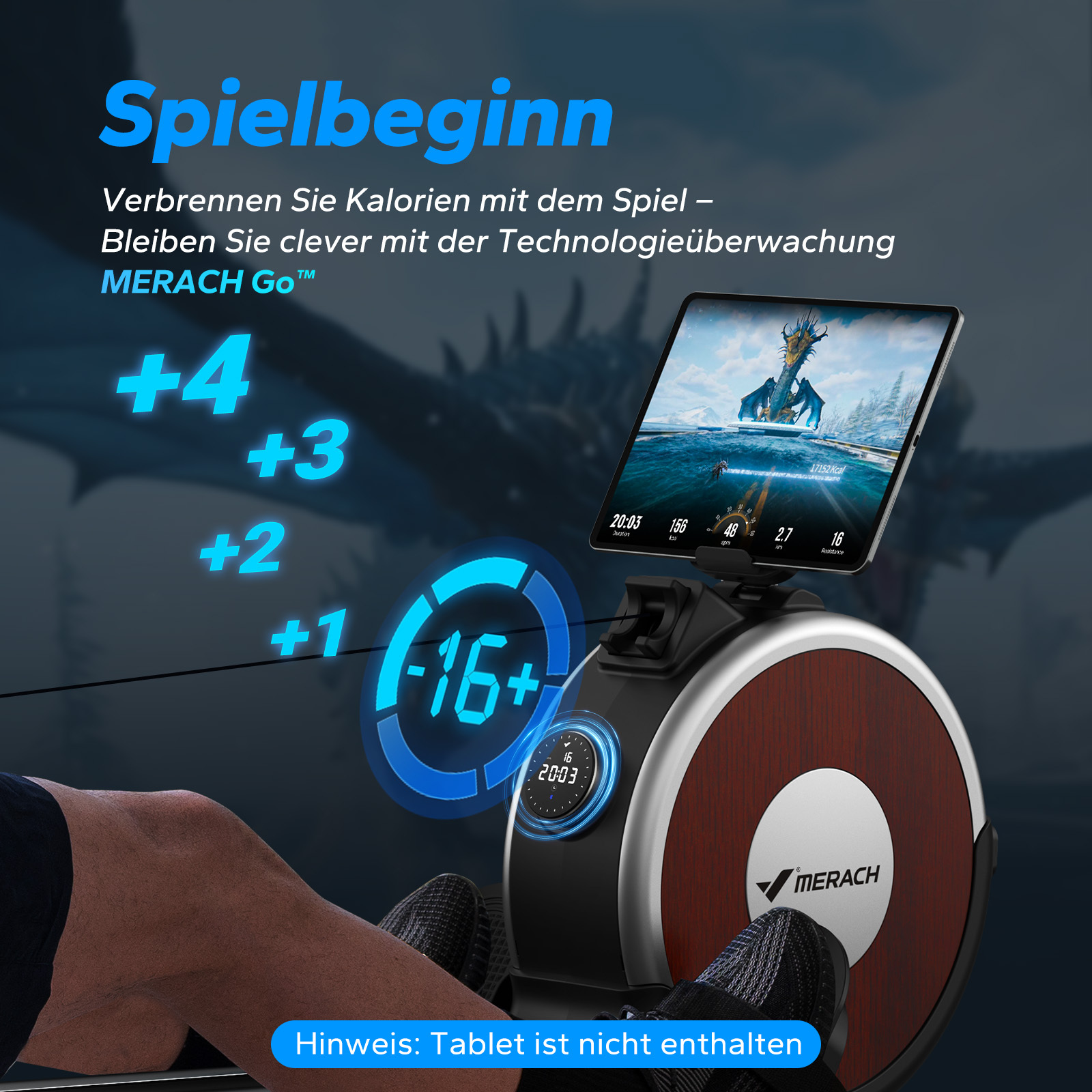 Ein Rudergerät mit einem Tablet, das ein Spiel anzeigt. Kalorien werden angezeigt.