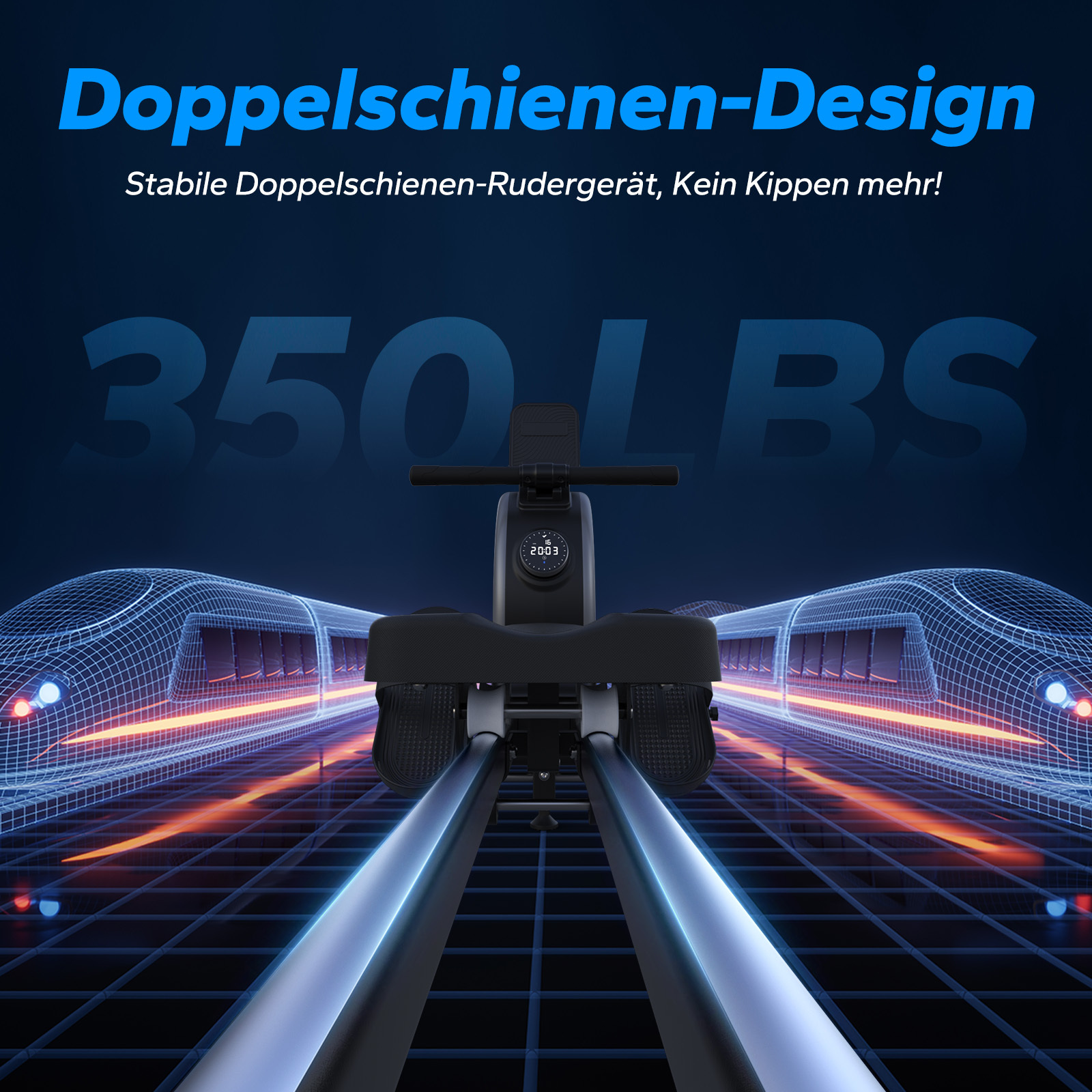 Rudergerät mit Doppelschienen-Design, 350 LBS Kapazität, digitale Anzeige.