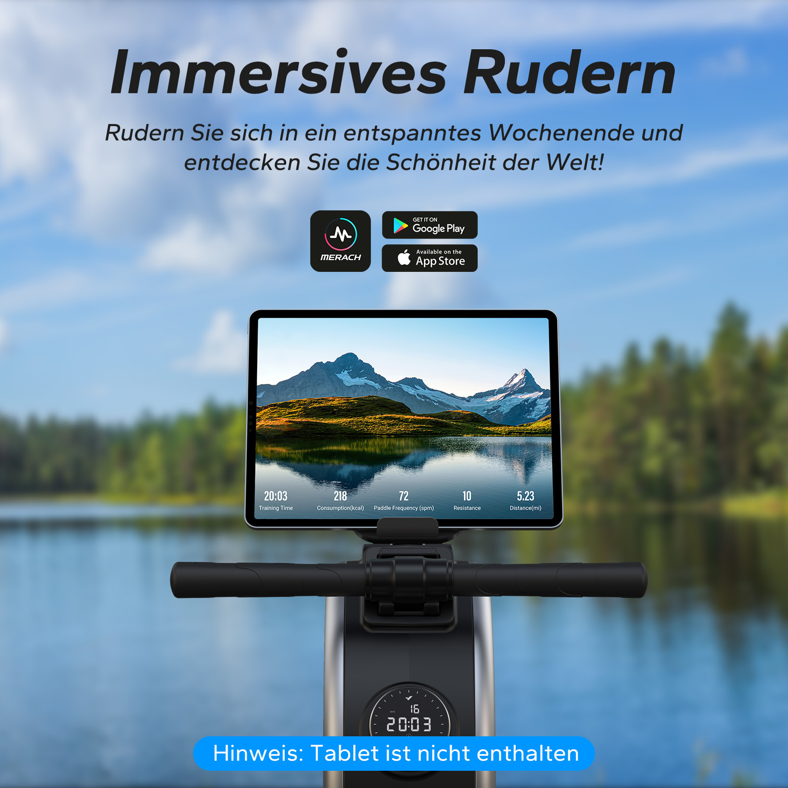 Ein Rudergerät mit Tablet zeigt Berg- und Seelandschaft. Apps verfügbar.