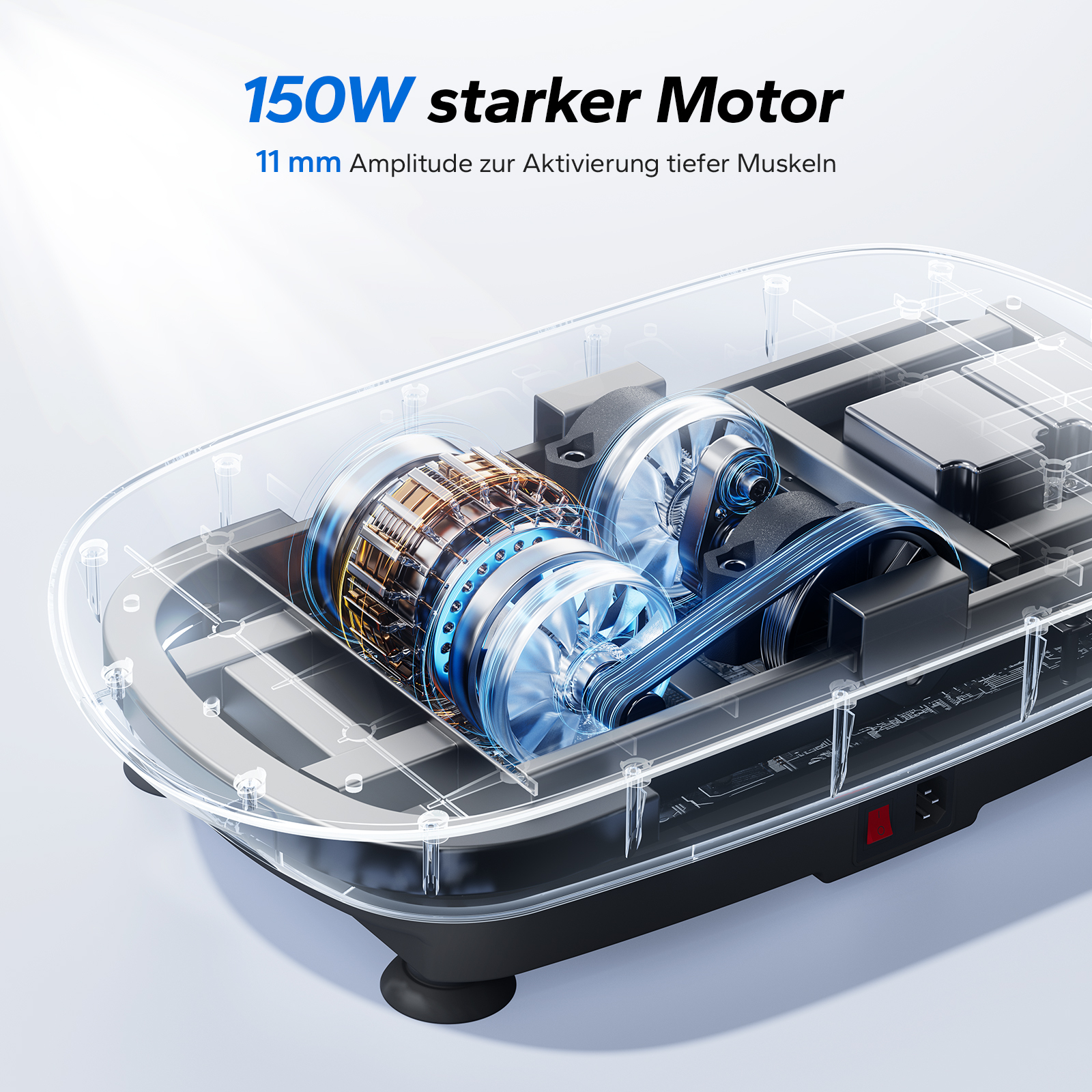 Detailansicht eines Motors mit Lüftern und Riemenantrieb in transparentem Gehäuse.