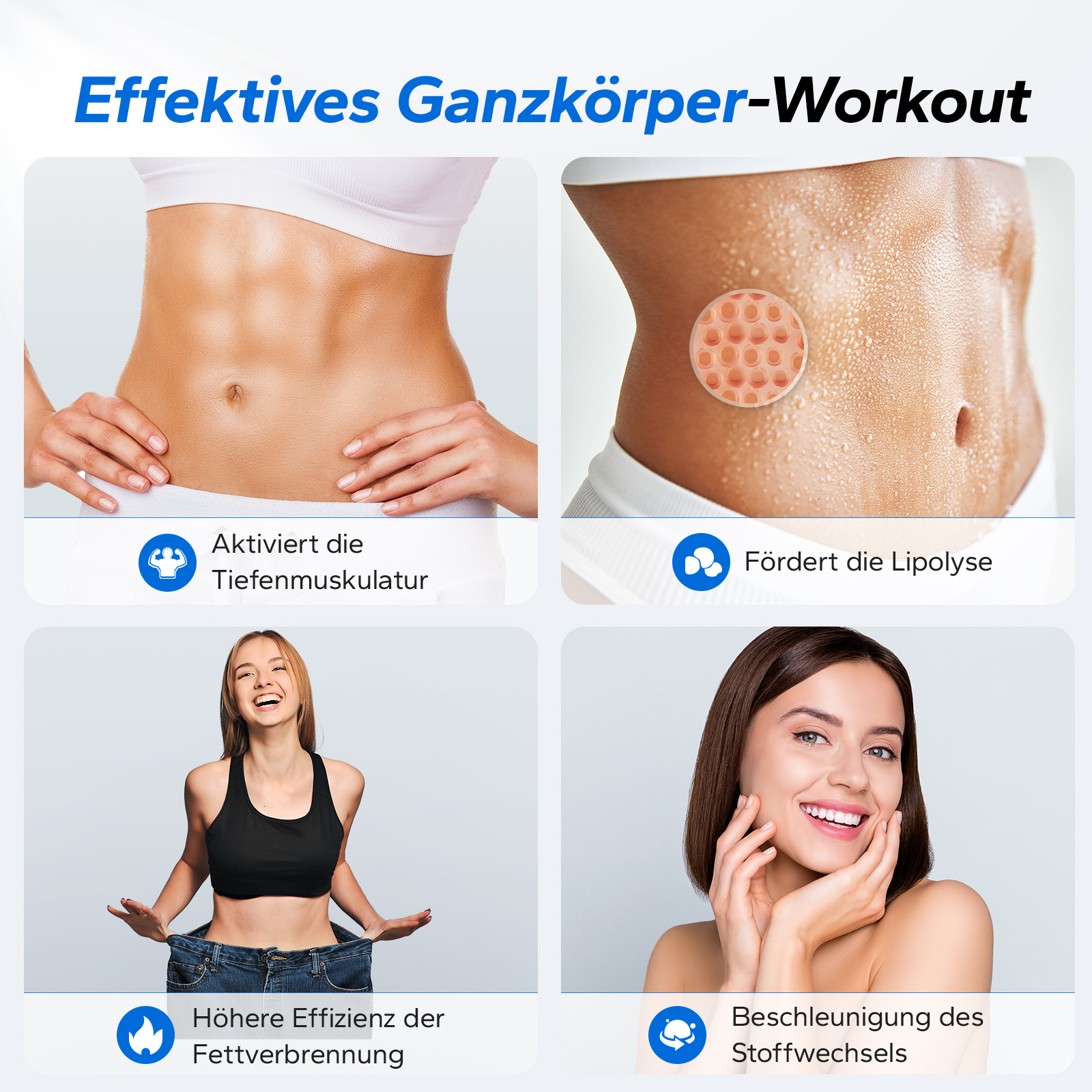 Vier Bilder zeigen Körper und Gesichter, die Fitness und Stoffwechsel thematisieren.