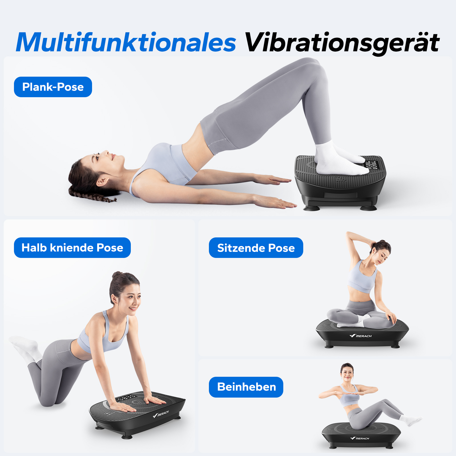 Frau in verschiedenen Posen auf Vibrationsplatte: Plank, Knie, Sitzen, Beinheben.