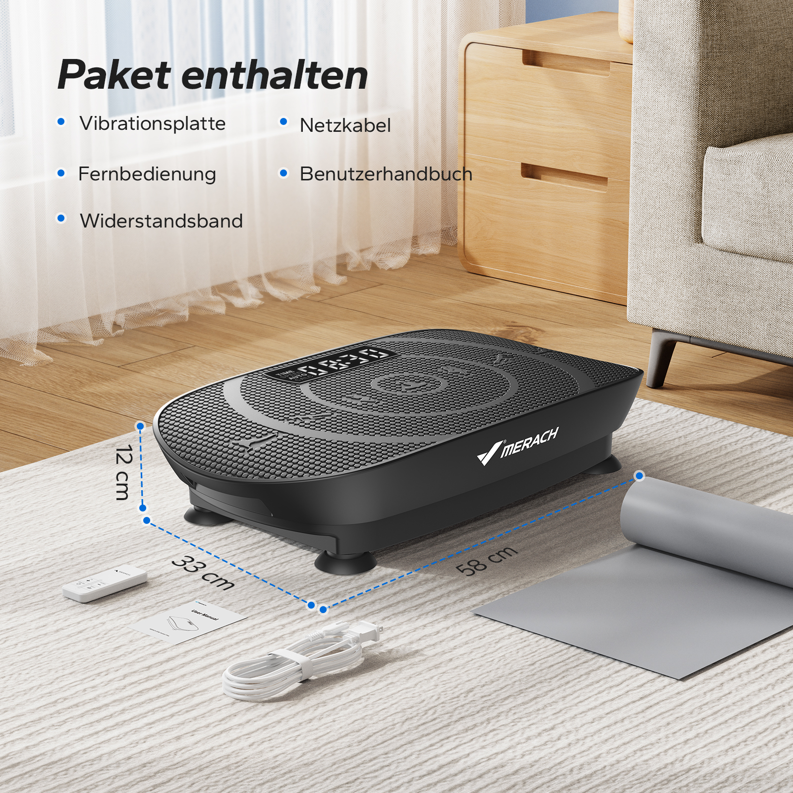 Schwarze Vibrationsplatte mit Fernbedienung, Kabel und Anleitung auf einem Teppich.