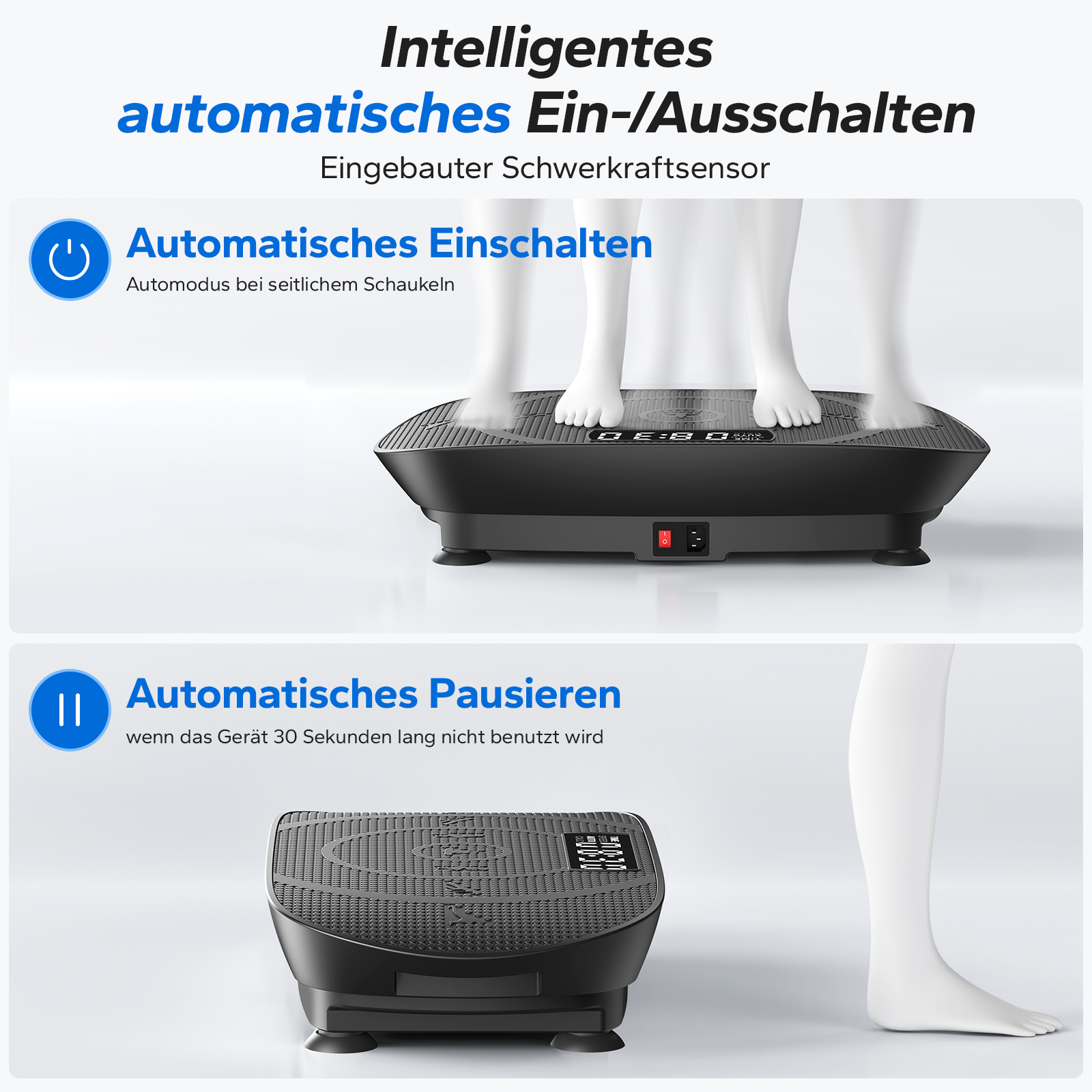 Schwarze Vibrationsplatte mit zwei Bildschirmen, die automatisches Ein- und Ausschalten zeigen.