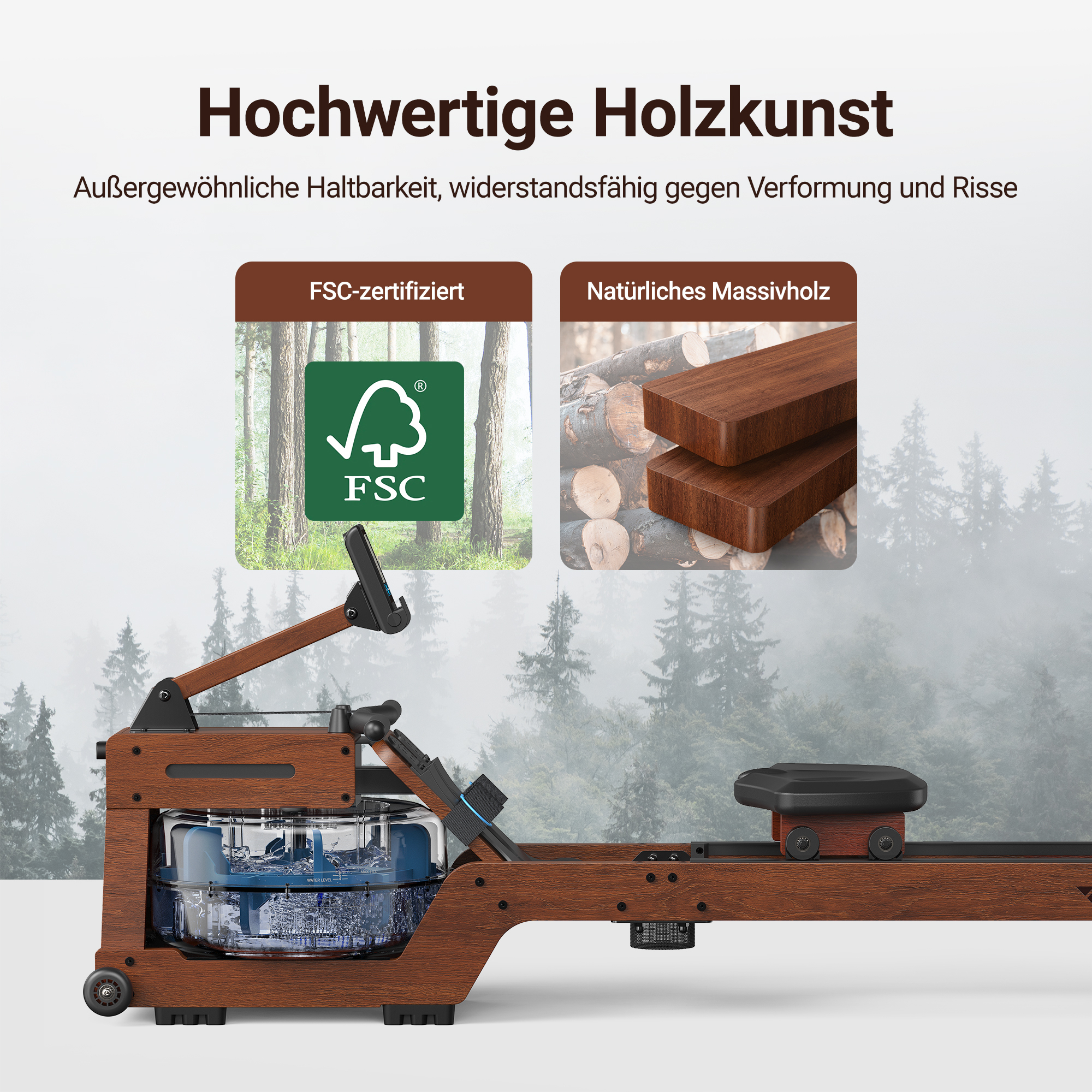 Holz-Rudergerät mit FSC-Siegel und Massivholz-Detail.
