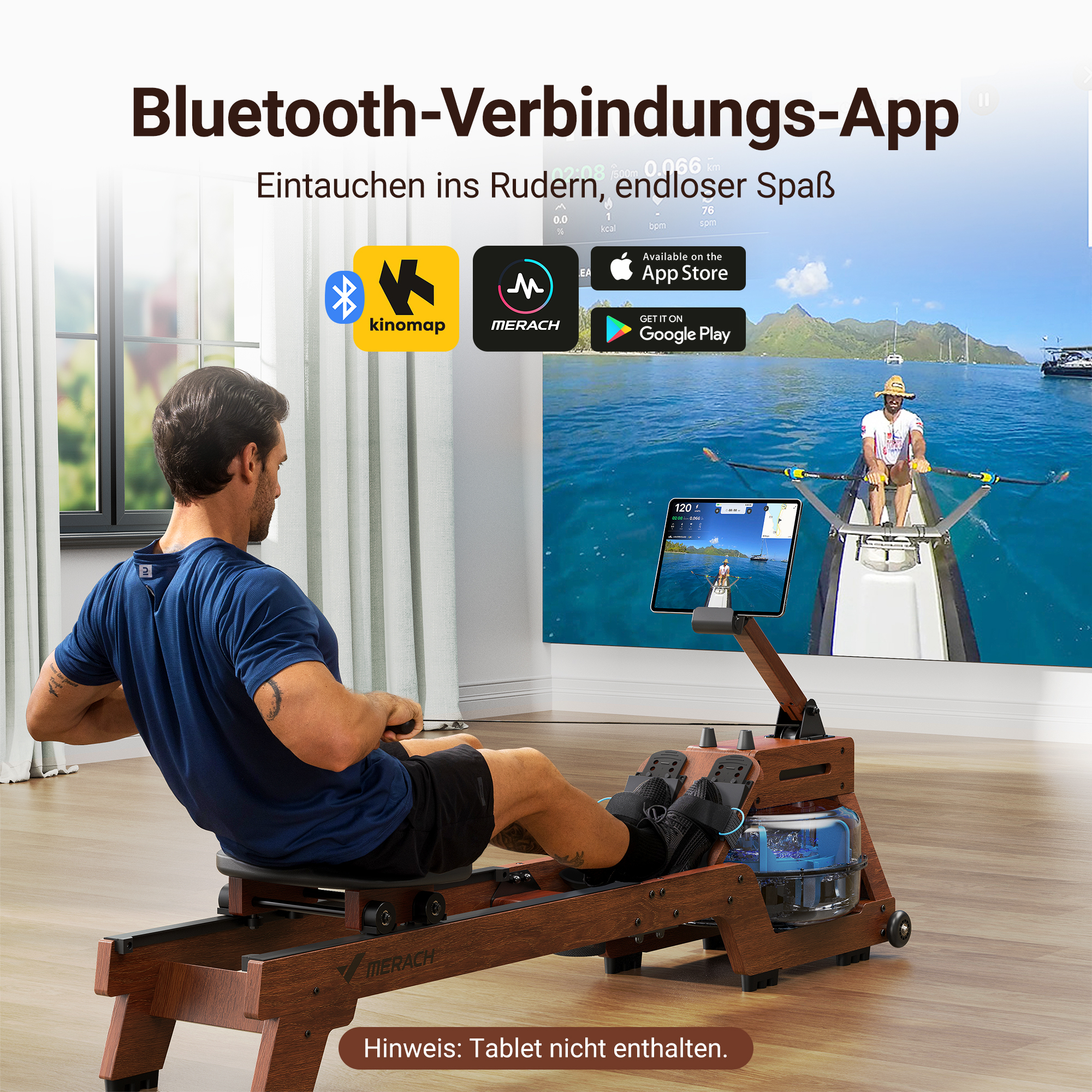 Mann rudert auf einem Heimtrainer mit App-Anzeige und Meerblick.