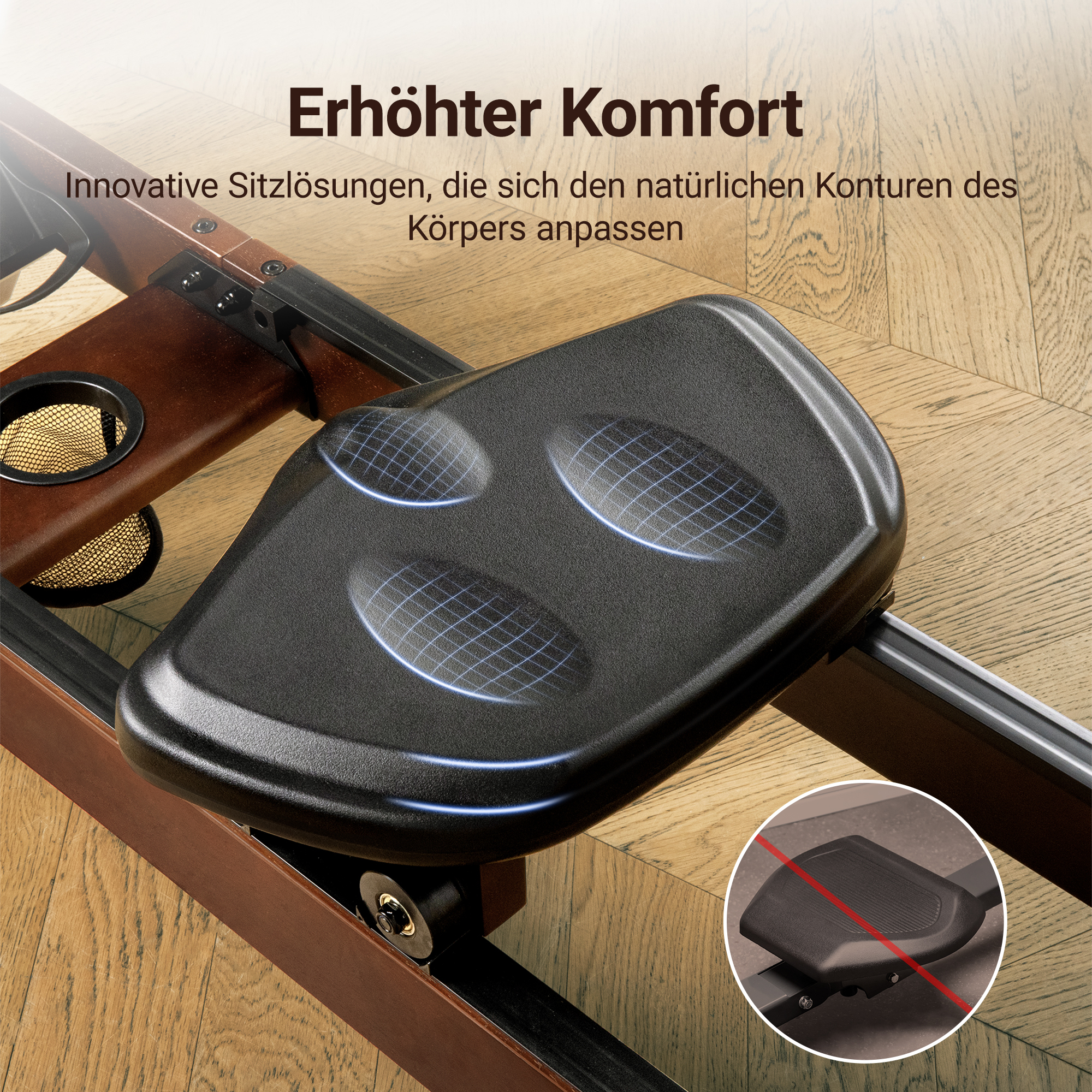 Ein schwarzer Rudersitz mit drei gepolsterten Bereichen und einem Gittermuster.