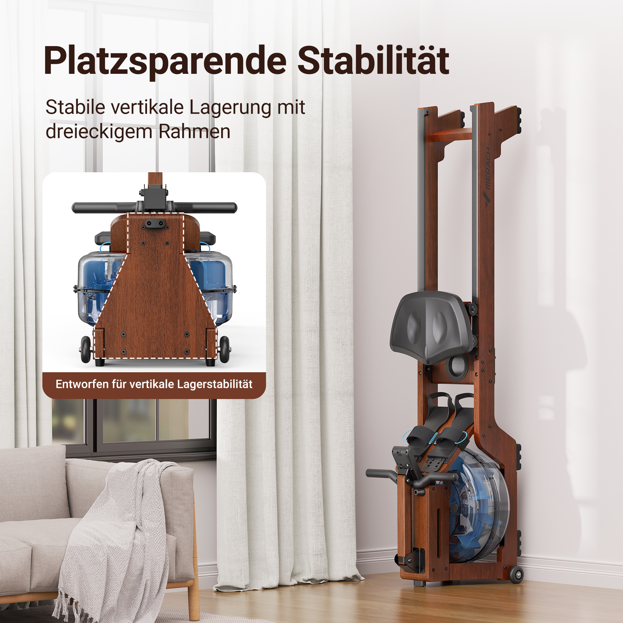 Holz-Rudergerät mit Wassertank und Sitz, vertikal gelagert.