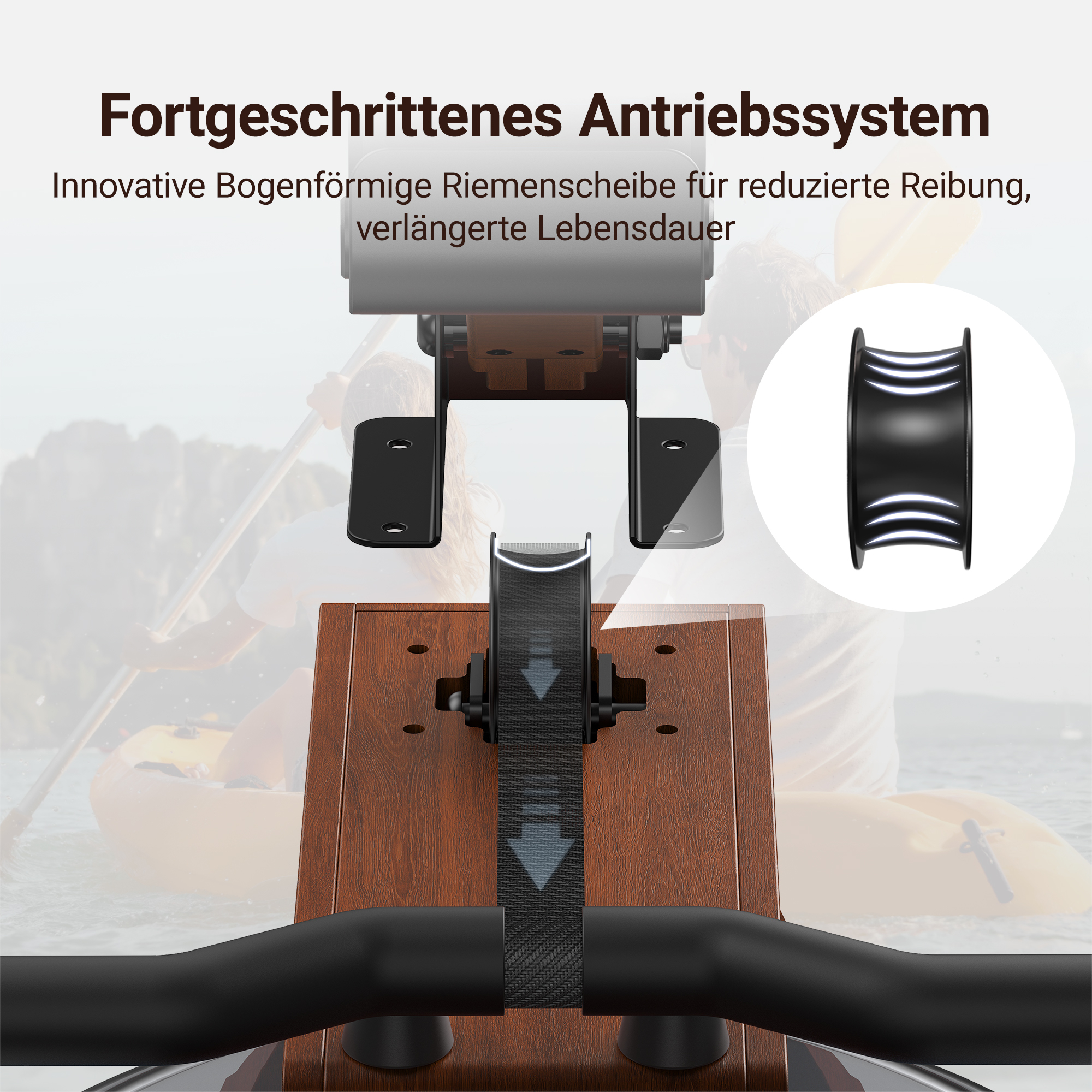 Detailansicht eines innovativen Antriebssystems mit Riemen und Rolle.
