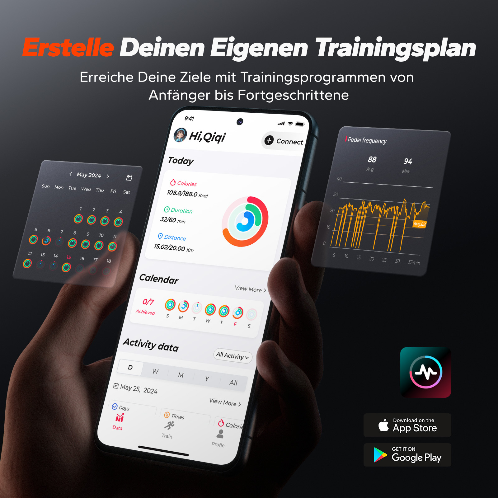 Hand zeigt Smartphone mit Trainings-App, Kalender & Diagramm. Erstelle deinen Trainingsplan.