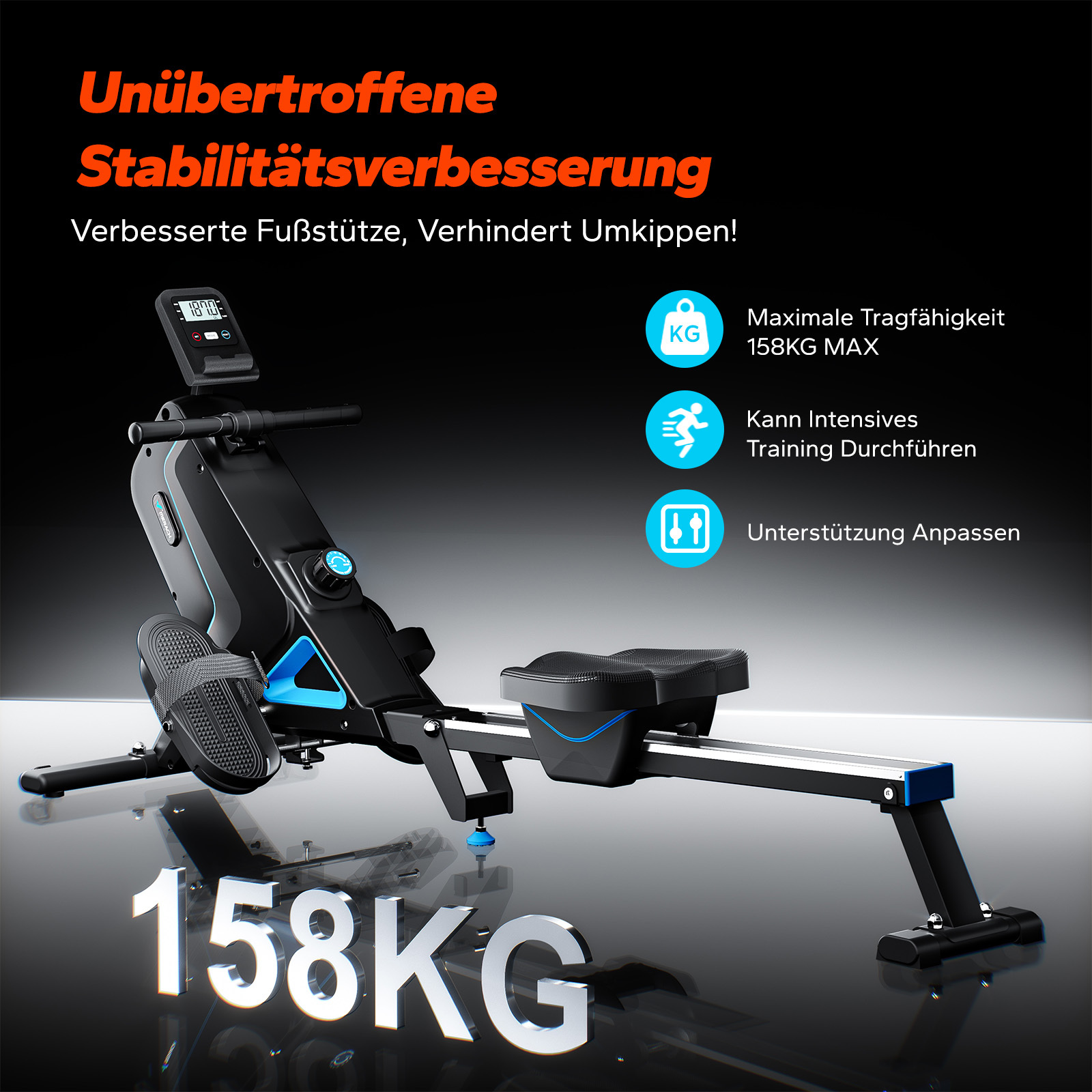 Ein schwarzes Rudergerät mit blauen Akzenten und einem Display. Maximale Tragfähigkeit 158kg.