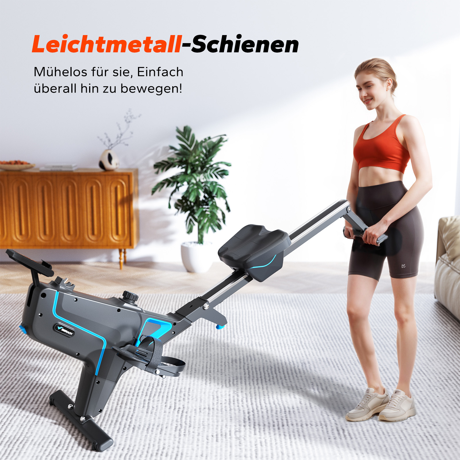 Eine Frau steht neben einem Rudergerät mit Metallschienen in einem Wohnzimmer.