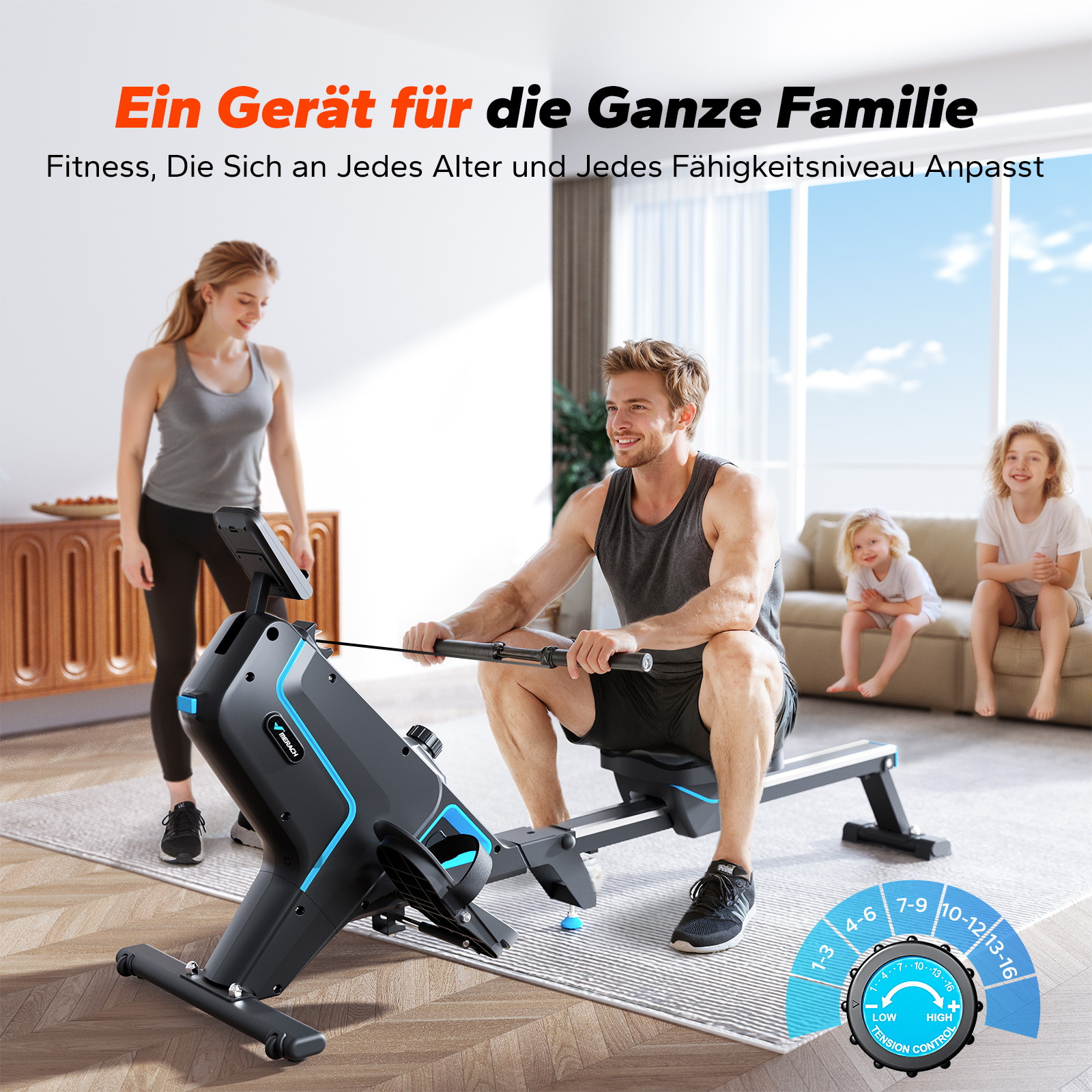 Familie trainiert zu Hause auf einem Rudergerät. Mann rudert, Frau und Kinder schauen zu.