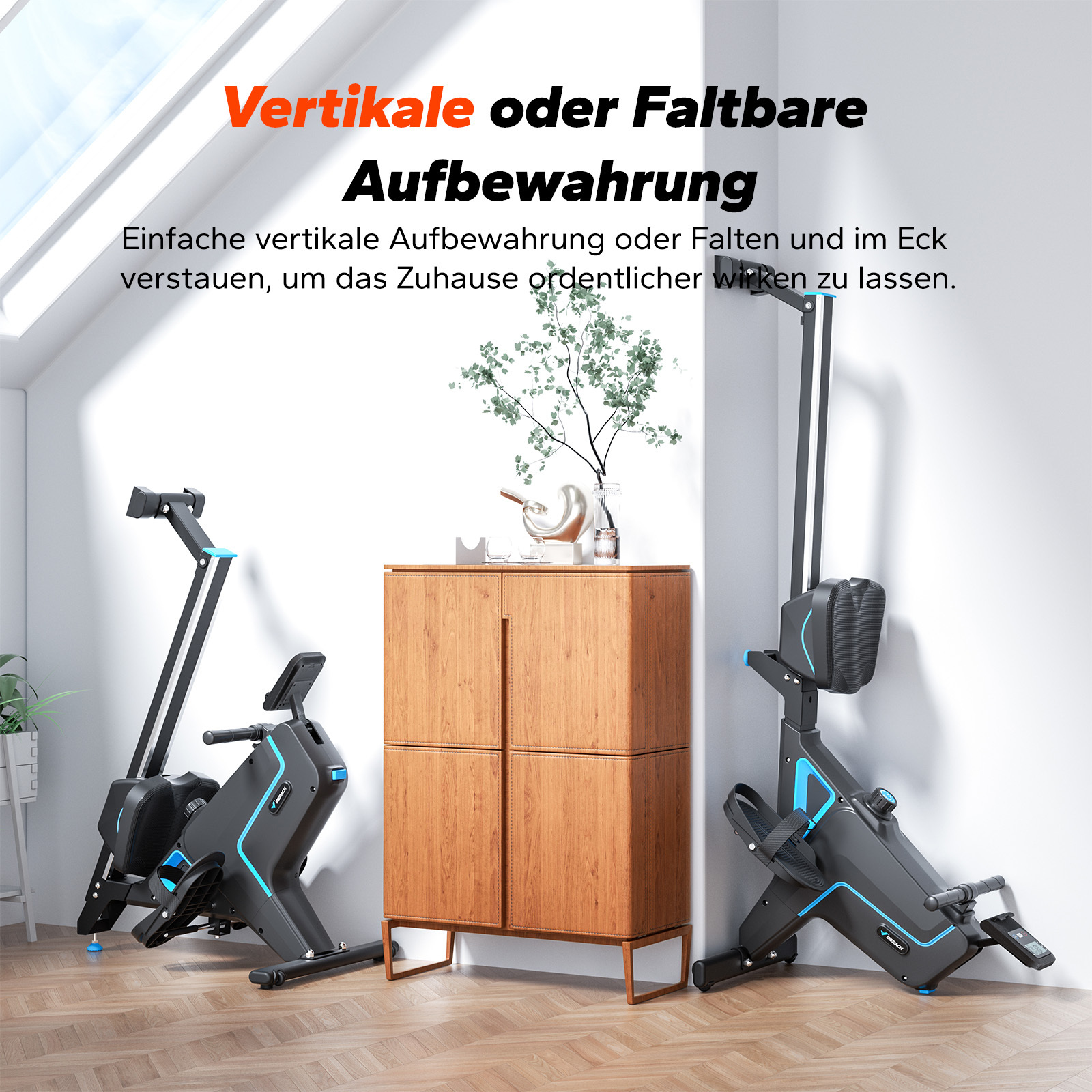 Zwei schwarze und blaue Rudergeräte stehen neben einem Holzschrank.