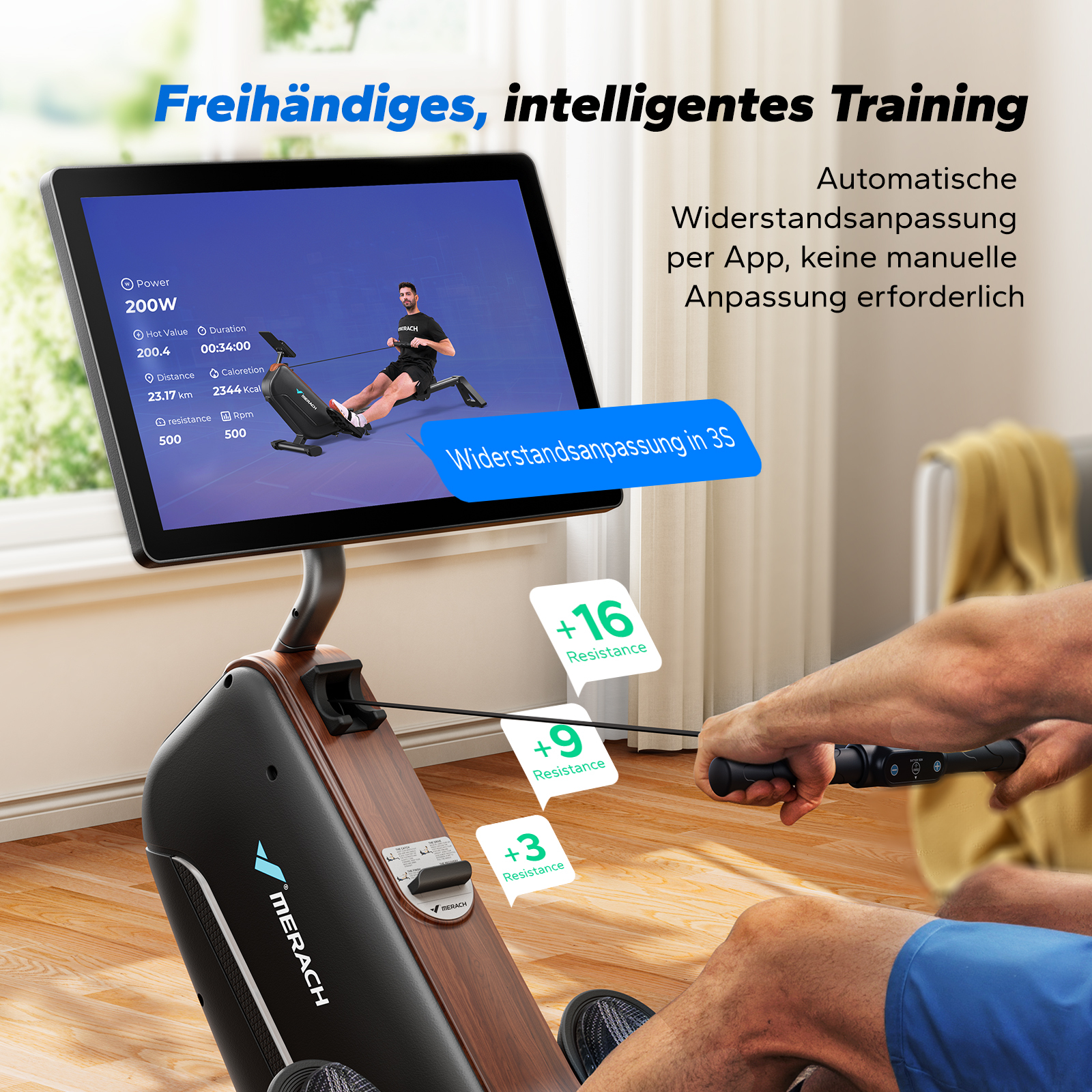 Ein Mann benutzt ein Rudergerät, dessen Bildschirm Trainingsdaten anzeigt.