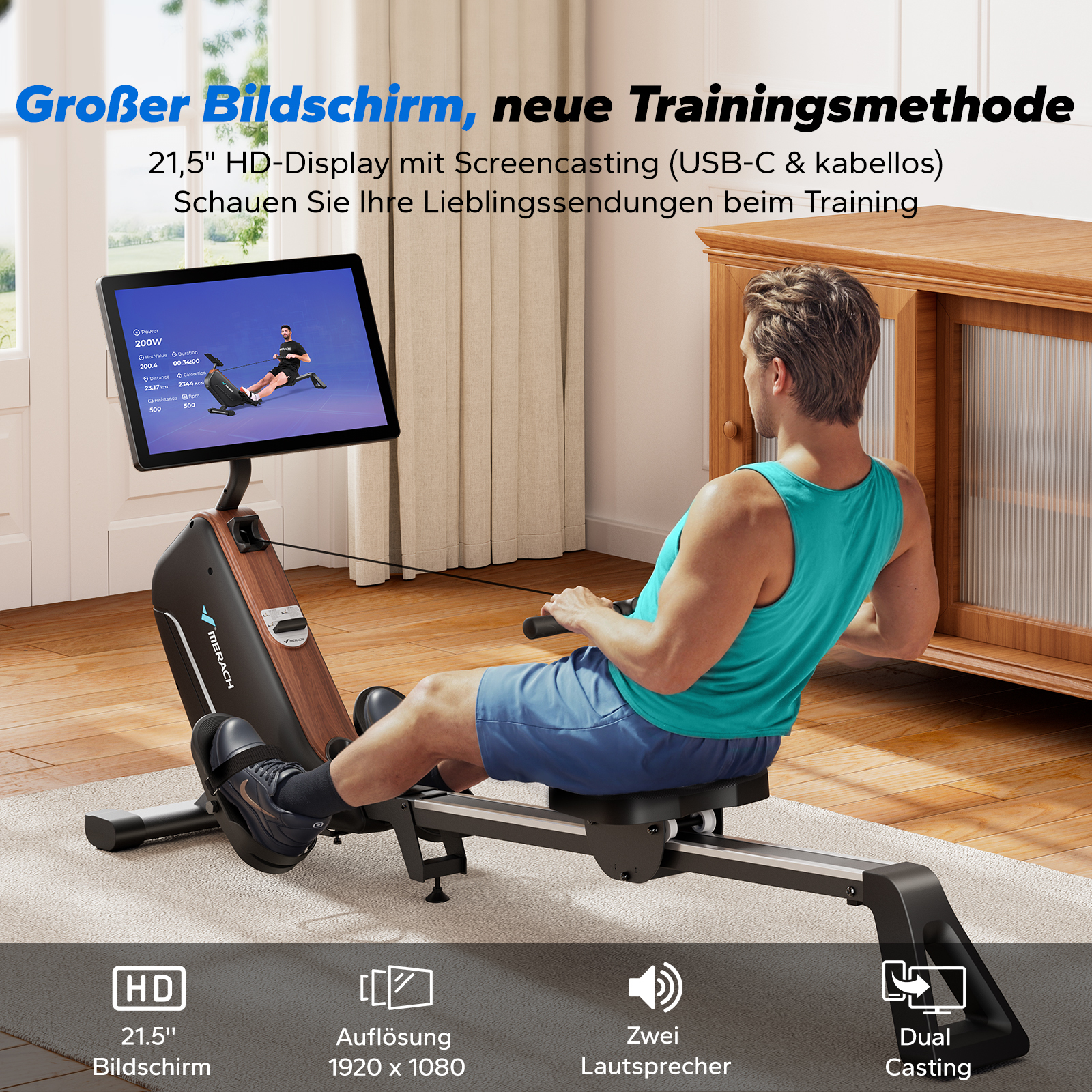 Mann auf Rudergerät vor einem 21,5-Zoll-HD-Bildschirm mit Trainingsanzeige.