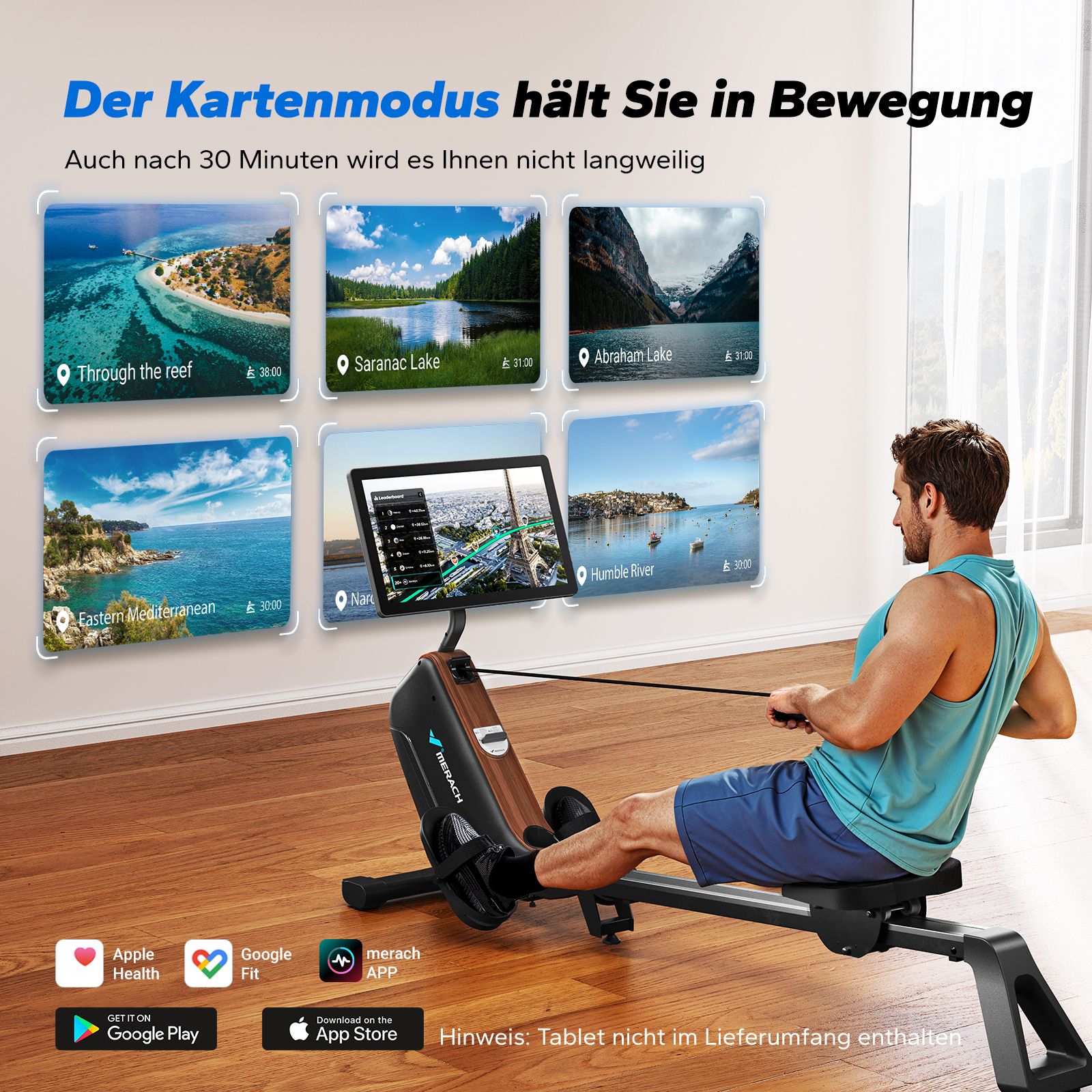 Mann rudert auf einem Heimtrainer mit virtuellen Routen auf dem Bildschirm.