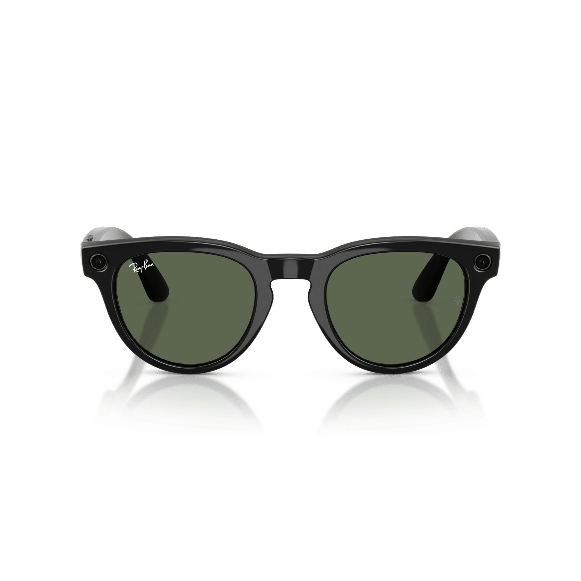 Occhiali Ray-Ban neri con lenti verdi e fotocamera.