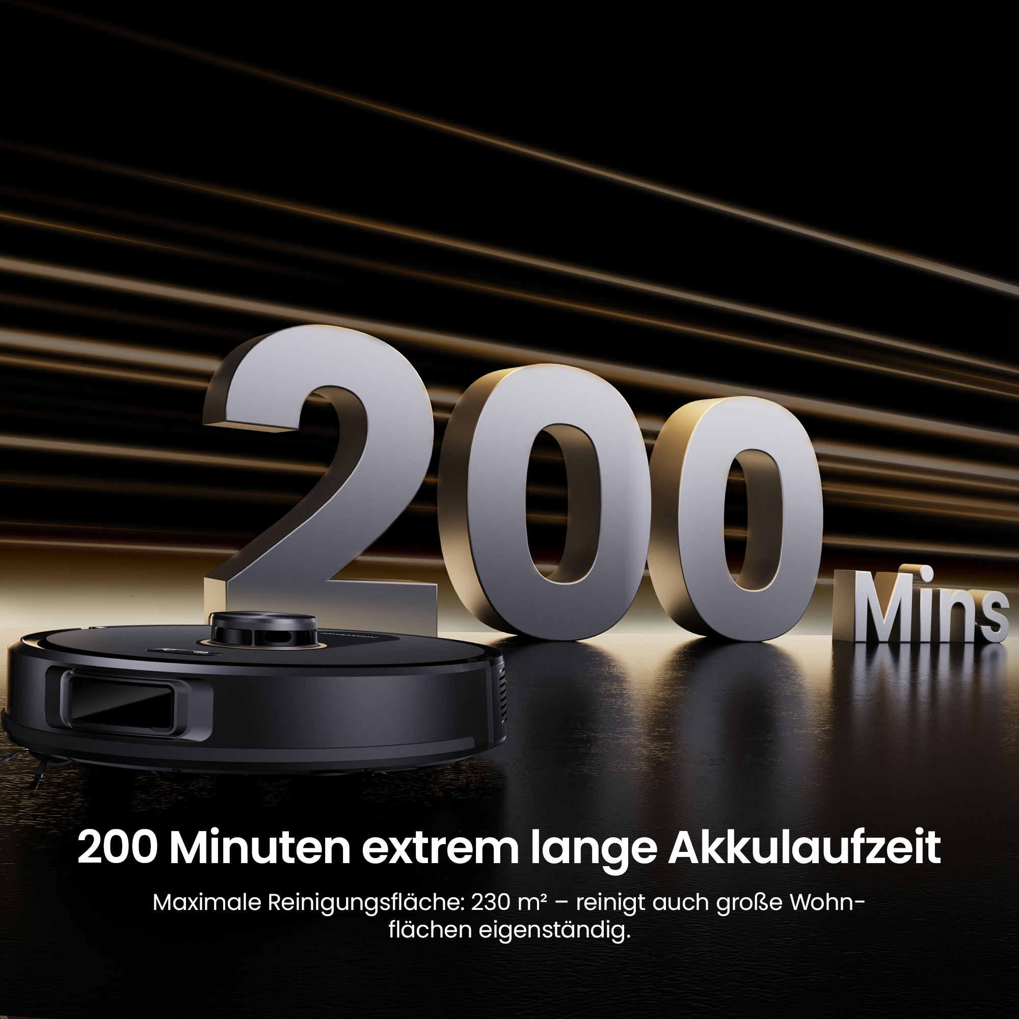 Schwarzer Saugroboter mit großen silbernen Zahlen 200 und "Mins".