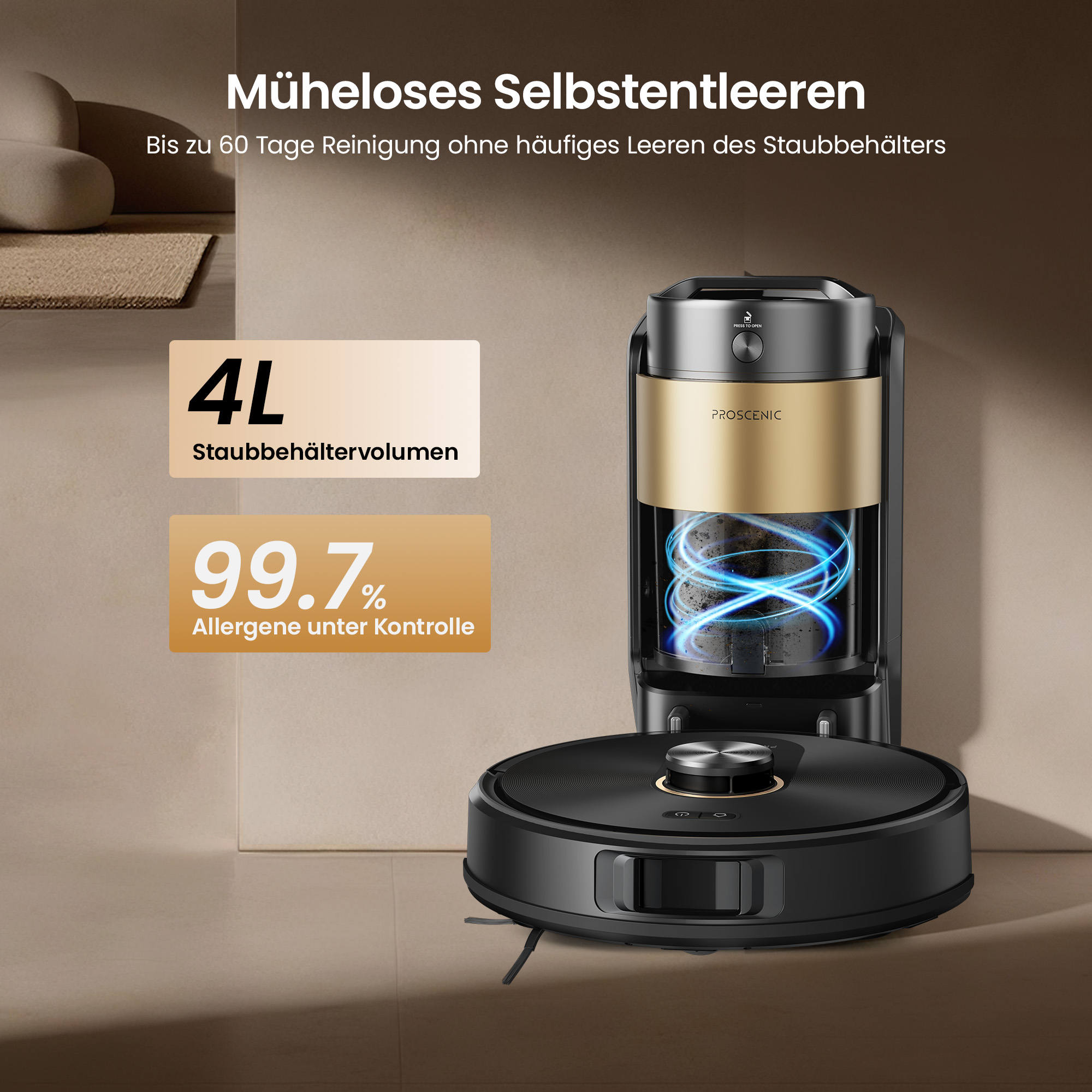 Schwarzer Saugroboter mit Ladestation. 4L Staubbehälter, 99.7% Allergene unter Kontrolle.