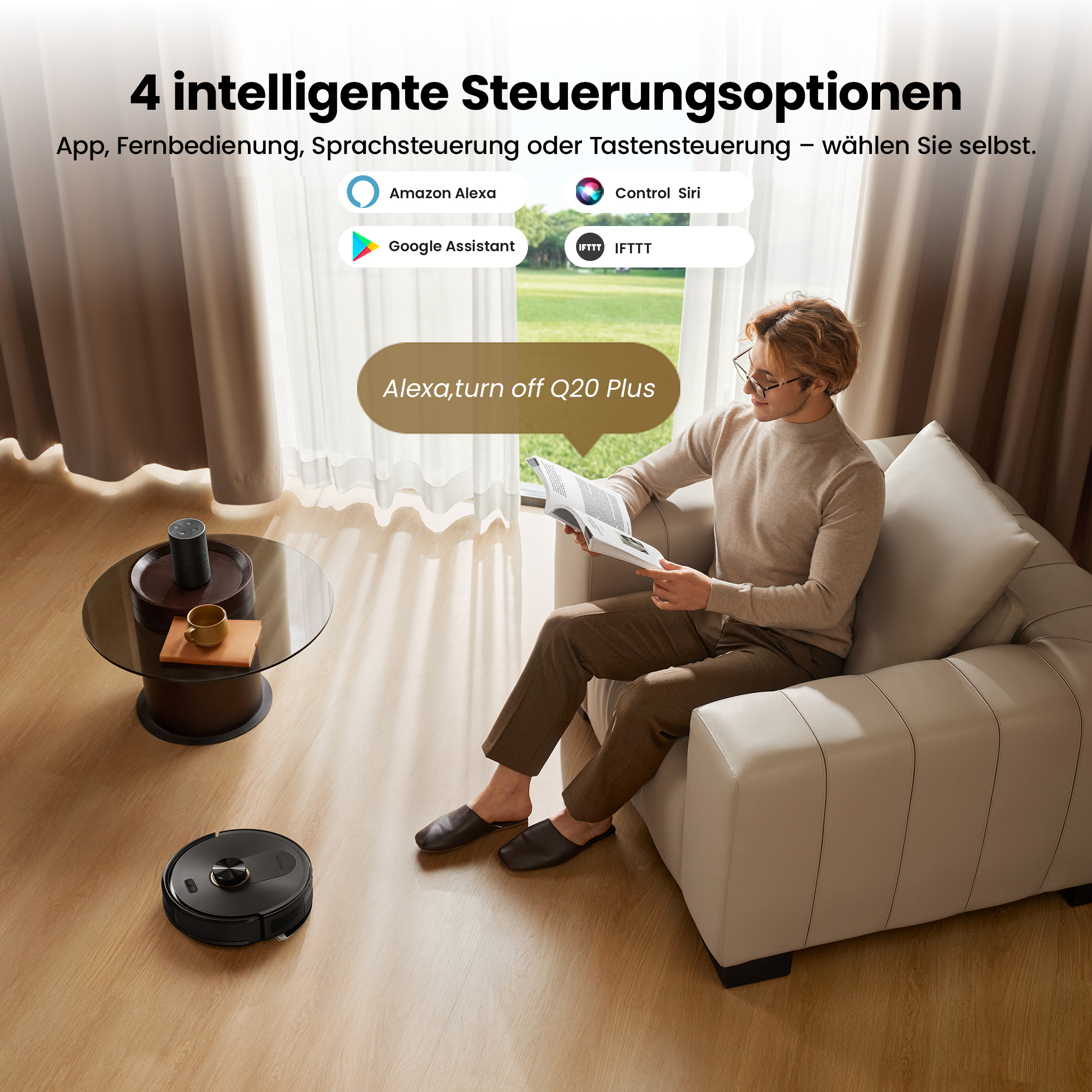 Mann liest auf Sofa, Roboterstaubsauger und Alexa sind im Raum.