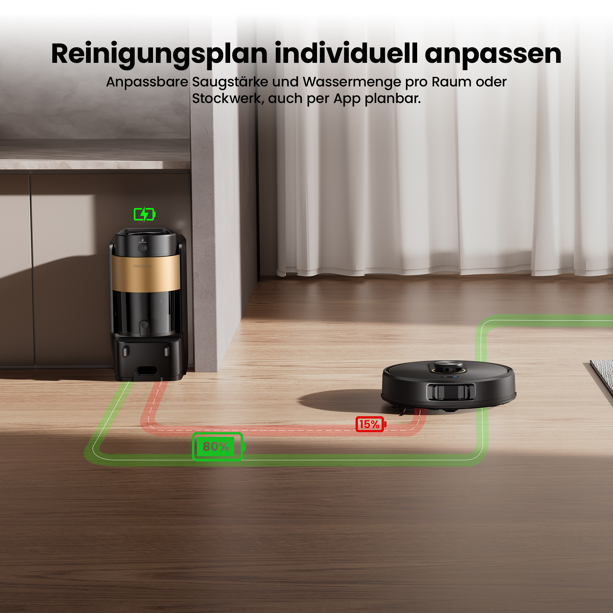 Ein Saugroboter reinigt einen Holzboden, mit Anzeige von 80% und 15% Akku.