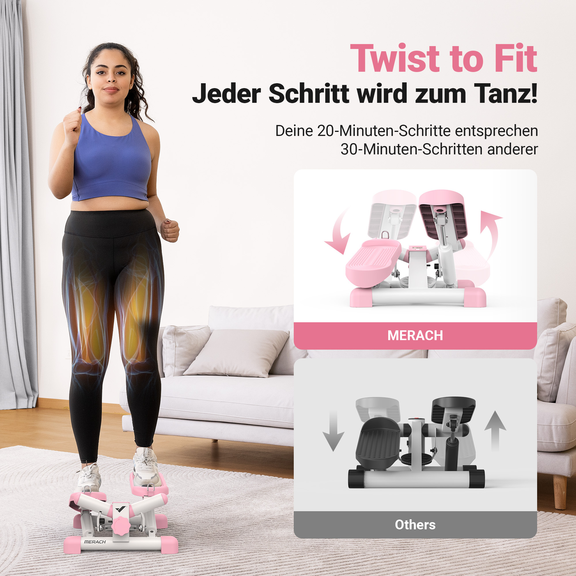 Frau auf einem rosafarbenen Stepper; Vergleich mit anderen Geräten.