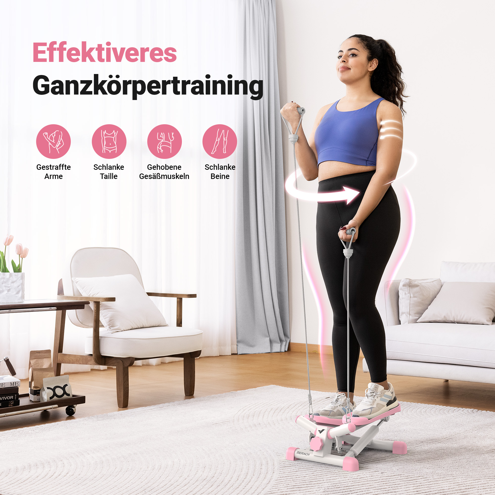 Frau trainiert mit Stepper und Seilen, visuelle Effekte zeigen Körperstraffung.