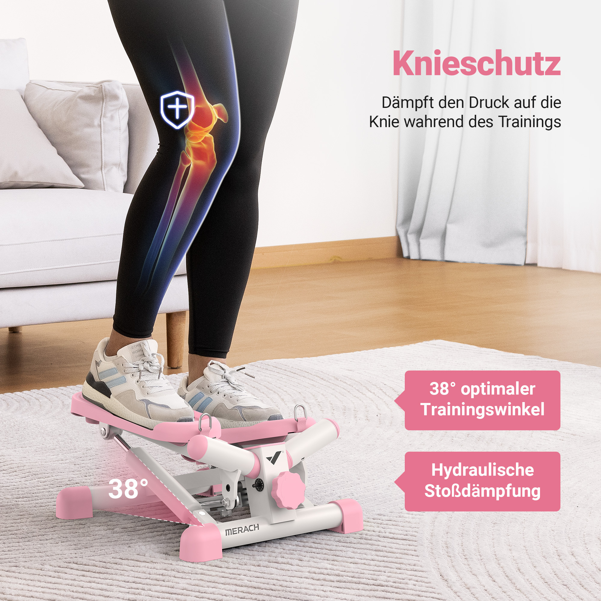Person auf einem rosa Stepper mit Knieschutz-Grafik und Trainingsinfos.