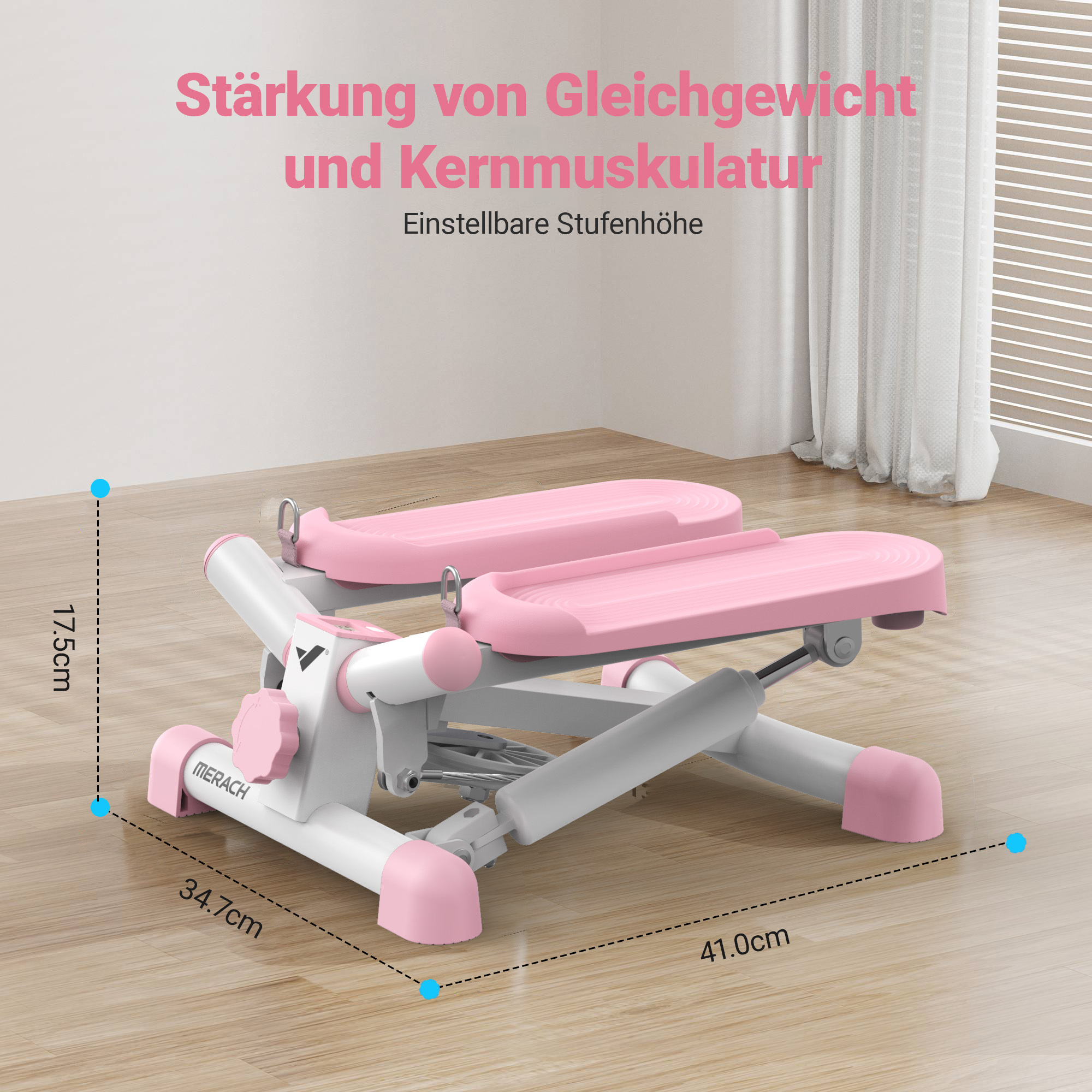 Ein pinker Stepper mit den Maßen 41x34.7x17.5cm steht auf einem Holzboden.