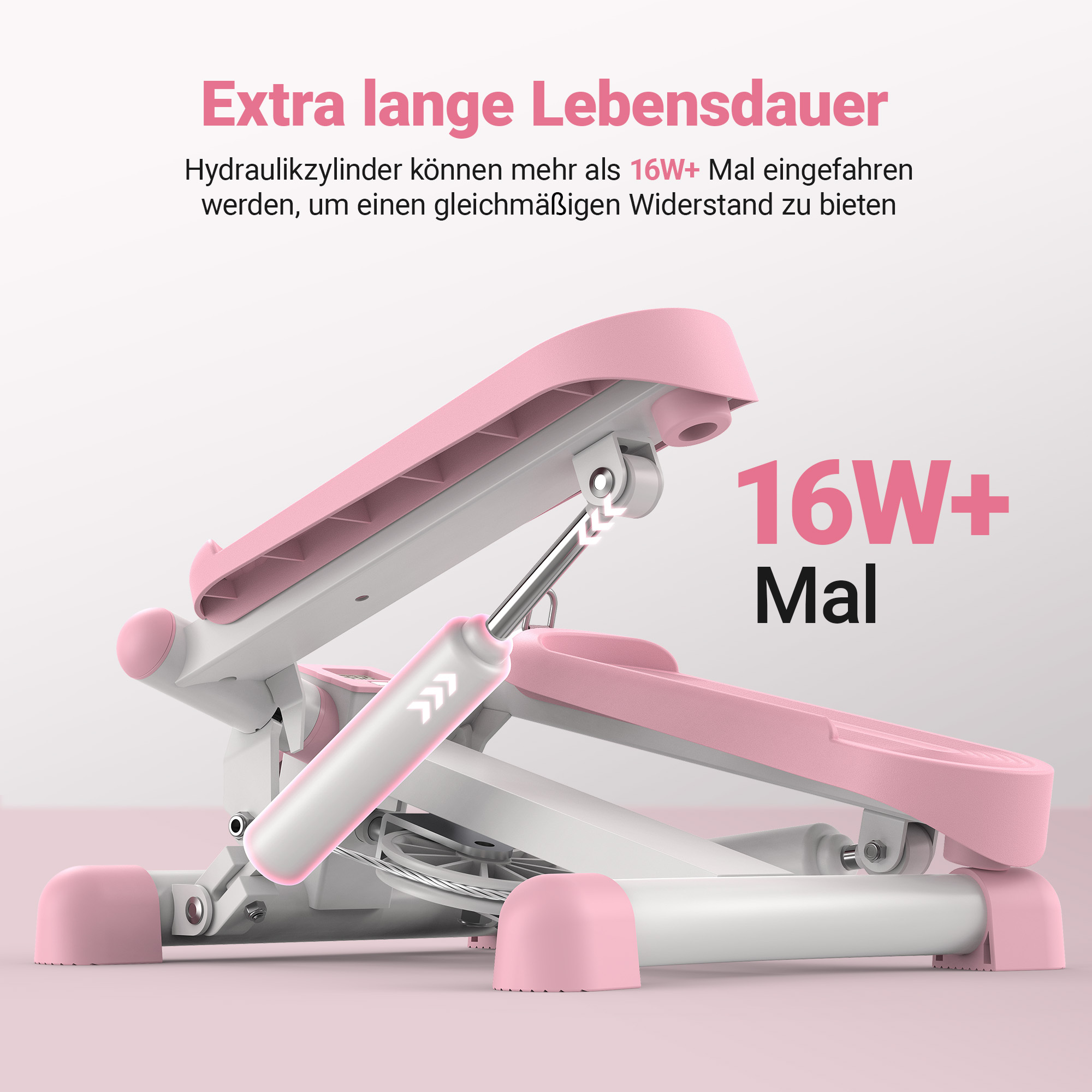 Ein rosafarbener und weißer Stepper mit Hydraulikzylinder, der für Ausdauer wirbt.