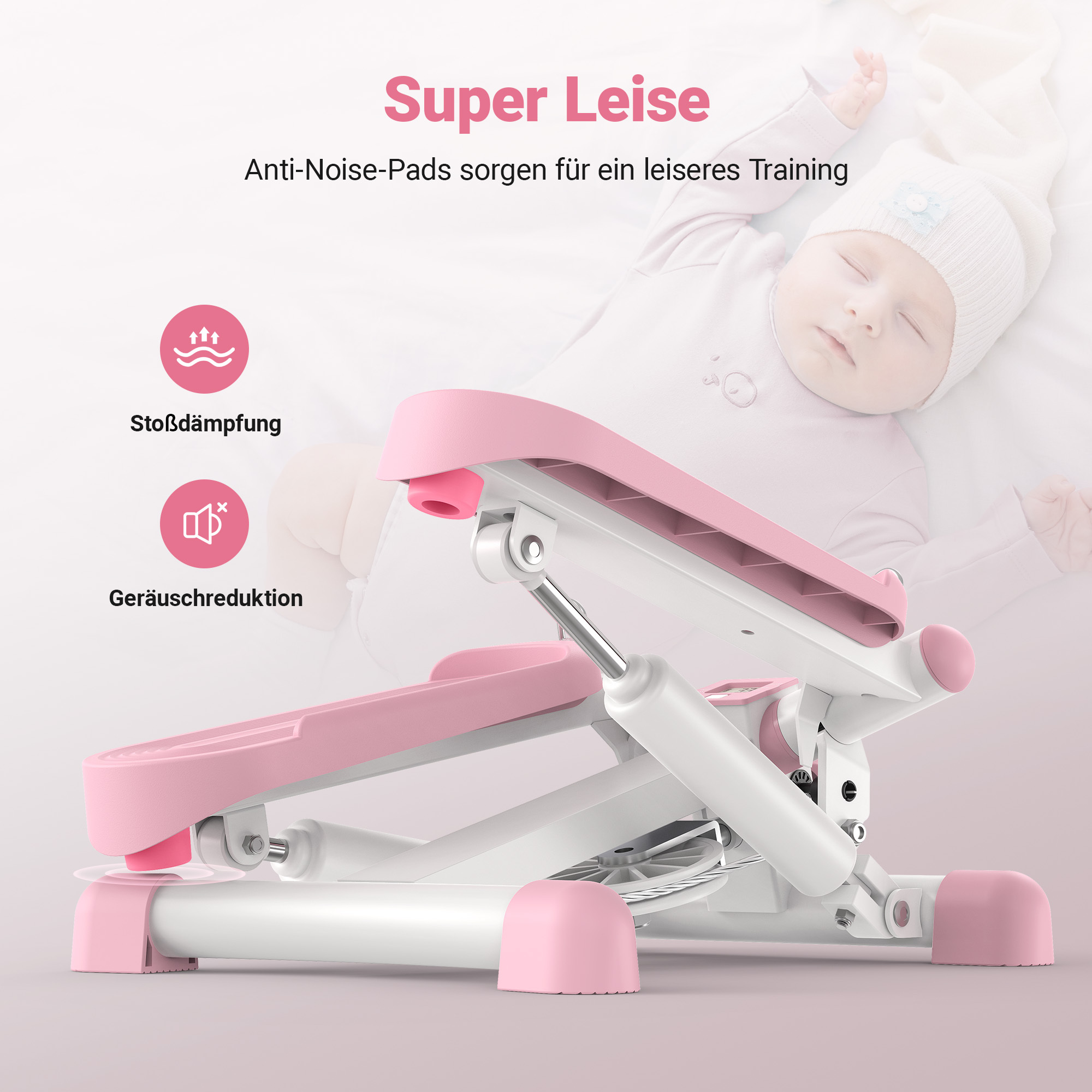 Ein pinker und weißer Stepper mit einem schlafenden Baby im Hintergrund.