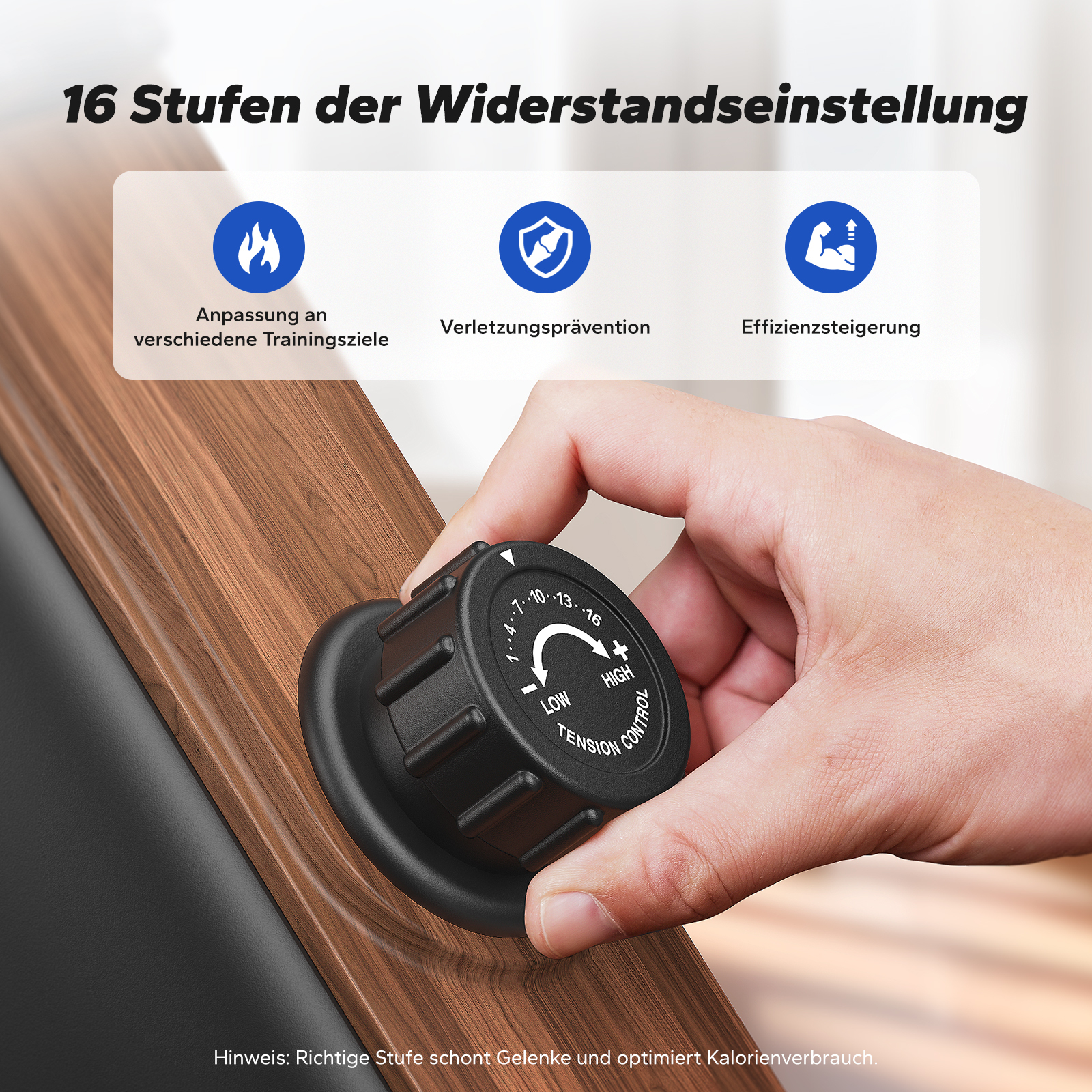 Hand dreht einen schwarzen Knopf mit Stufen 1-16 für die Einstellung des Widerstands.