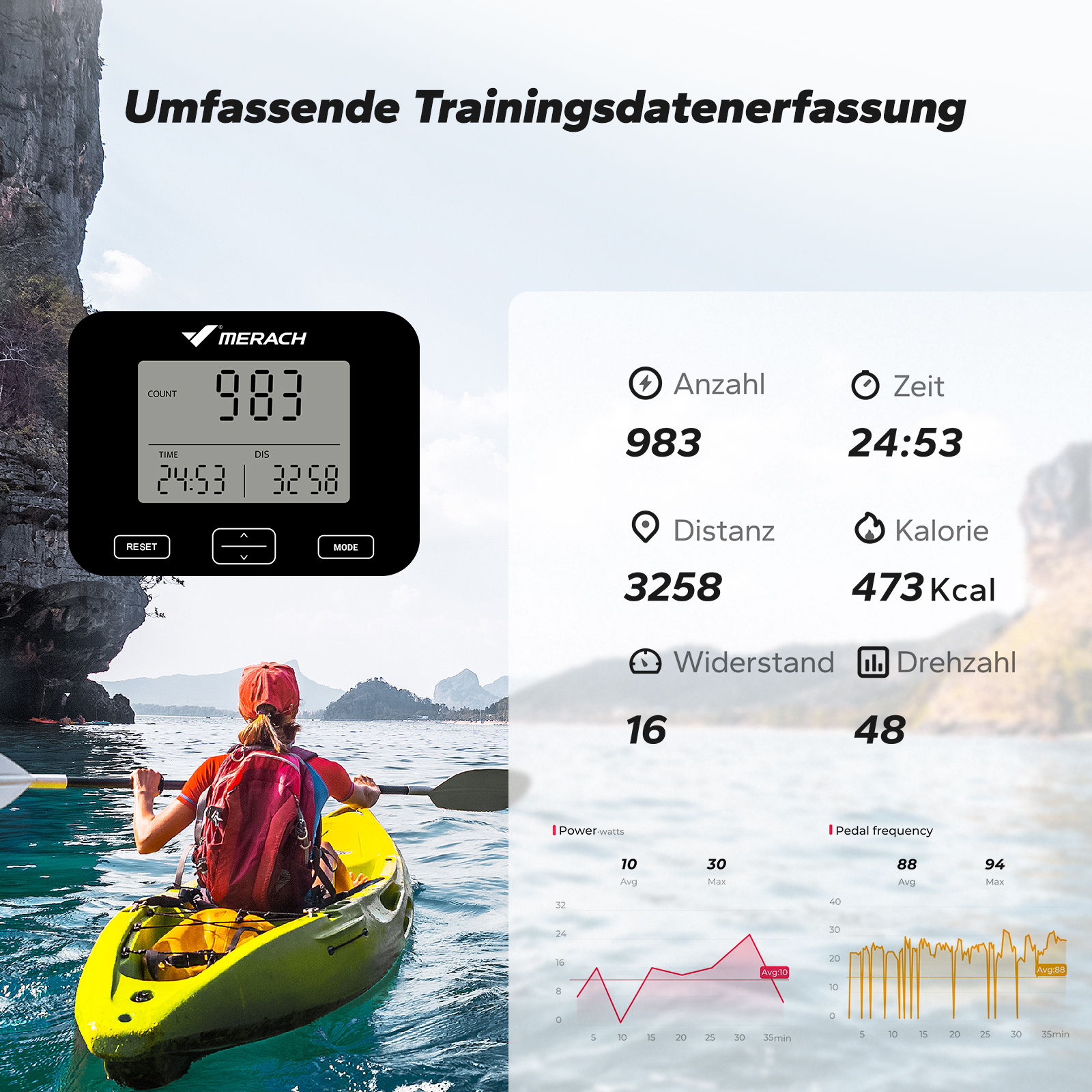 Person paddelt Kajak mit Trainingsdatenanzeige und Diagrammen im Hintergrund.