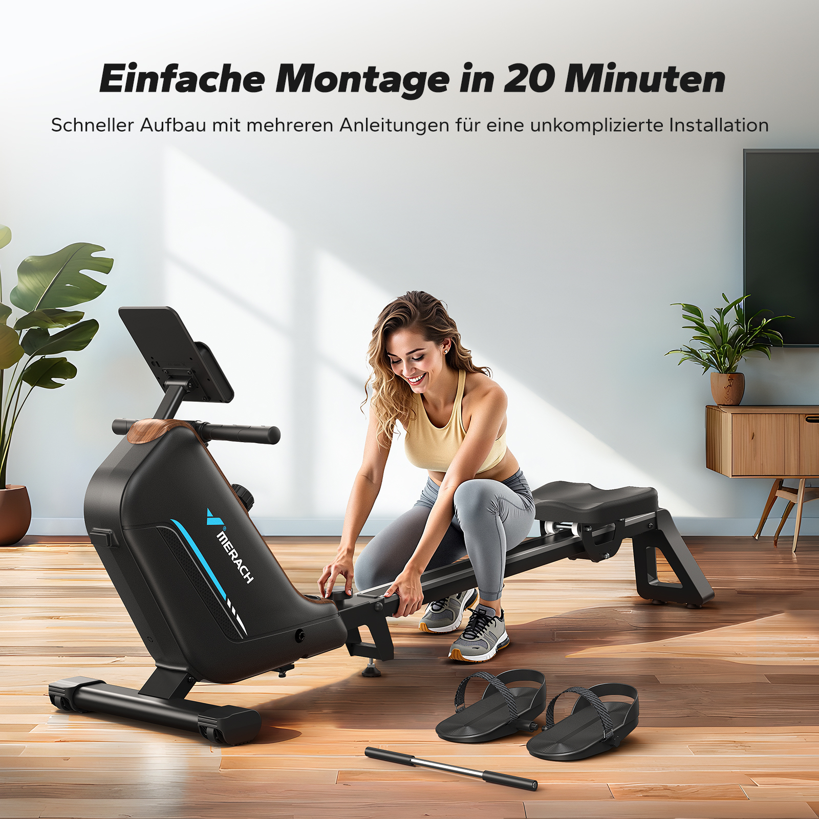 Eine Frau montiert ein Rudergerät in einem Wohnzimmer.