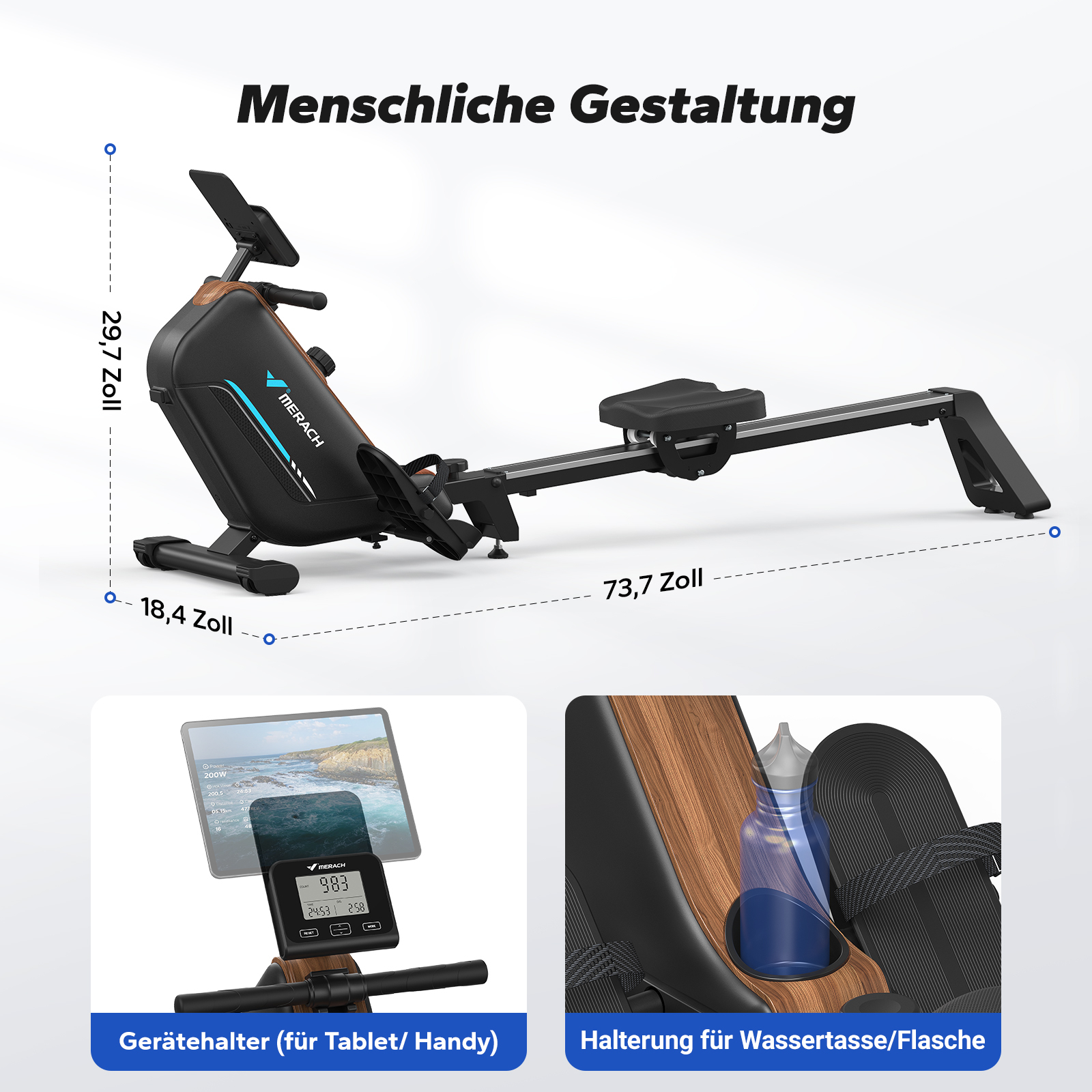 Rudergerät mit Maßen, Tablet-Halterung und Flaschenhalter.