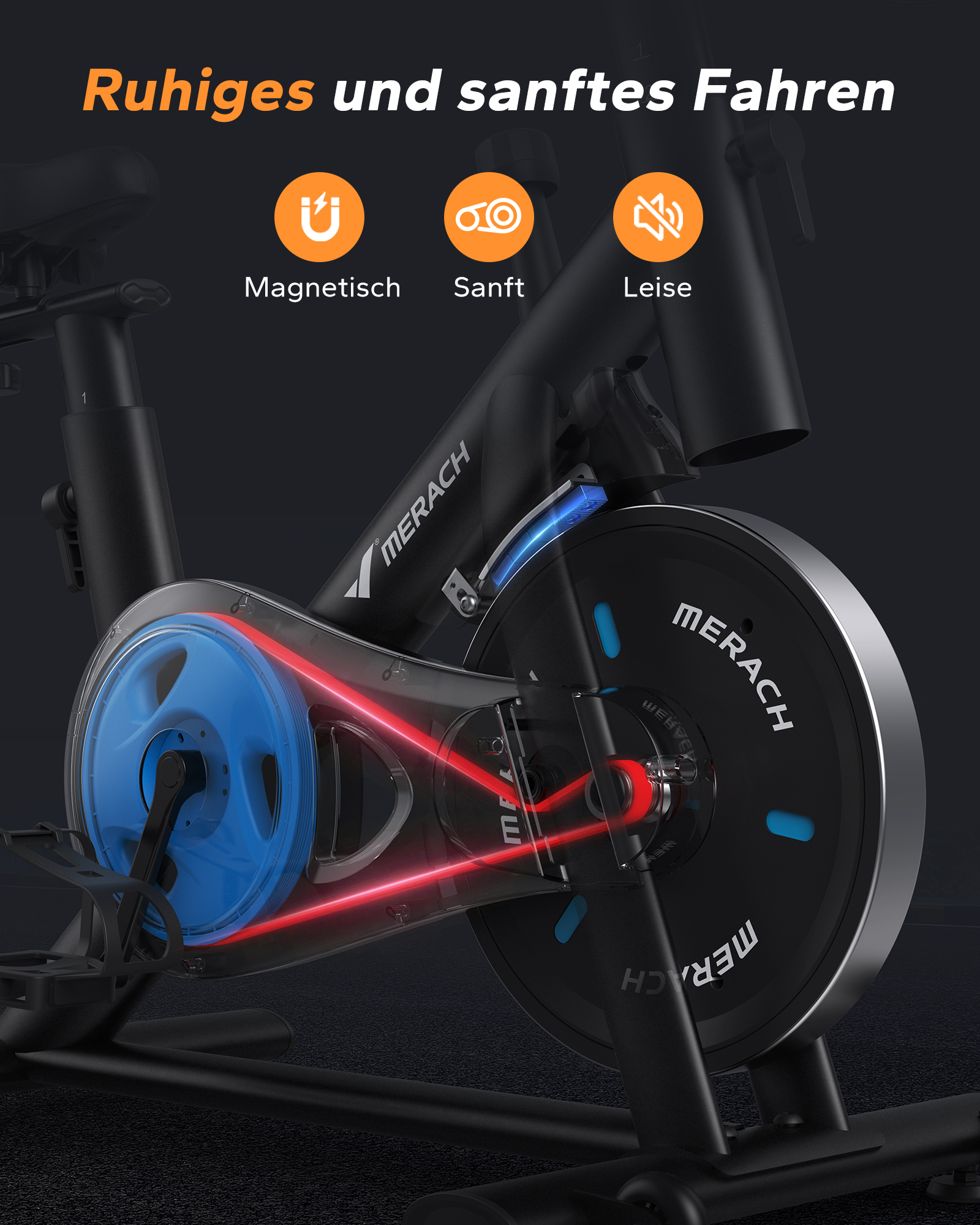 Nahaufnahme eines schwarzen Heimtrainers mit roten Lichtlinien, die den Mechanismus zeigen.