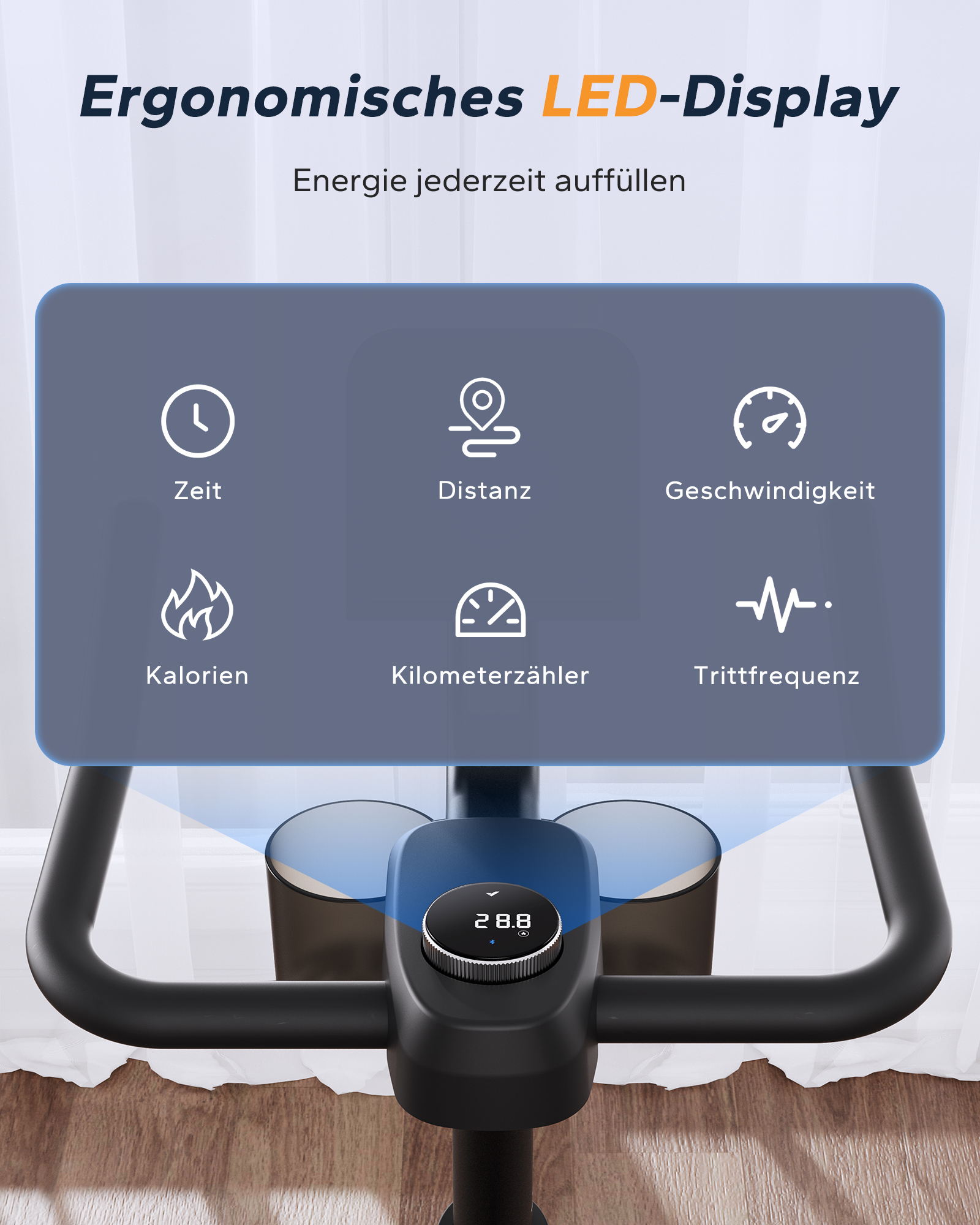 Ergonomisches LED-Display mit Icons für Zeit, Distanz, Kalorien, Geschwindigkeit, Zähler, Trittfrequenz.