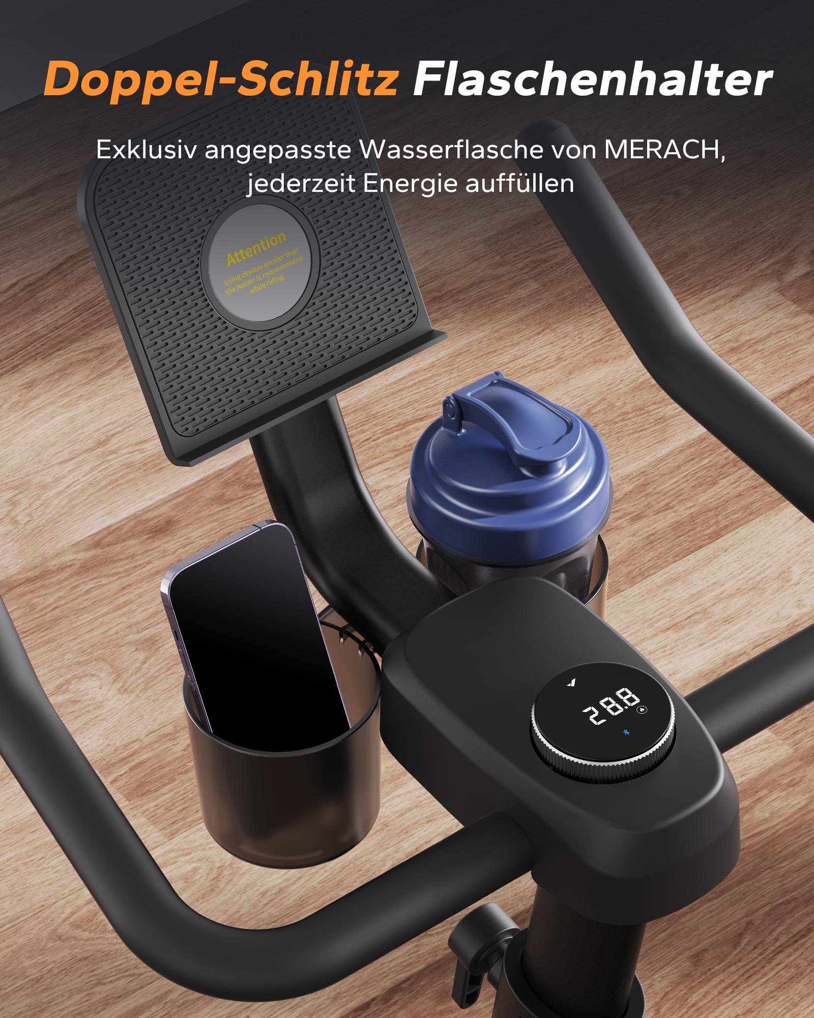 Ergometer mit Handyhalter, Trinkflasche und digitaler Anzeige.