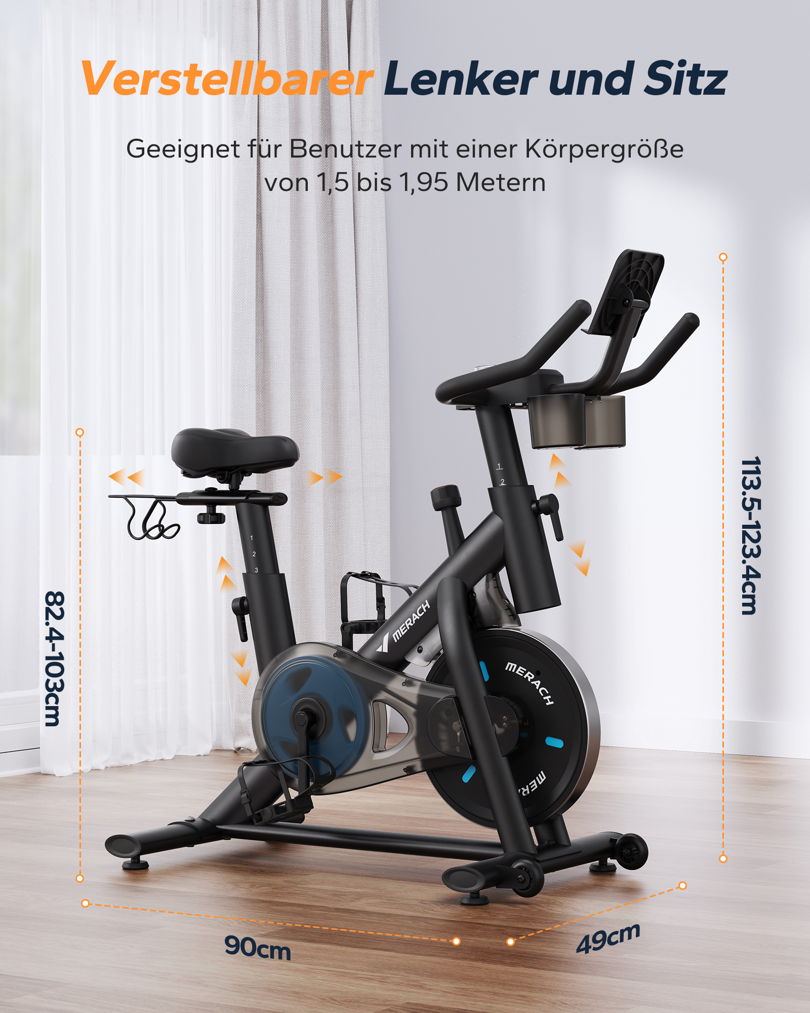 Ein schwarzes Ergometer mit verstellbarem Lenker und Sitz. Maße sind angegeben.