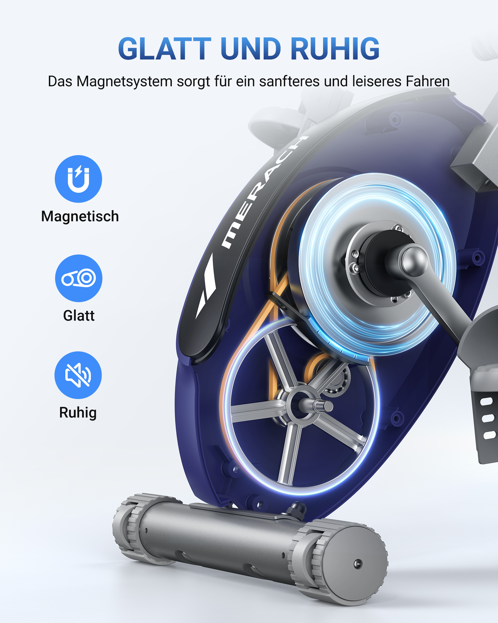 Detailansicht eines blauen Fahrradtrainers mit Magnet, Glatt und Ruhig Symbolen.