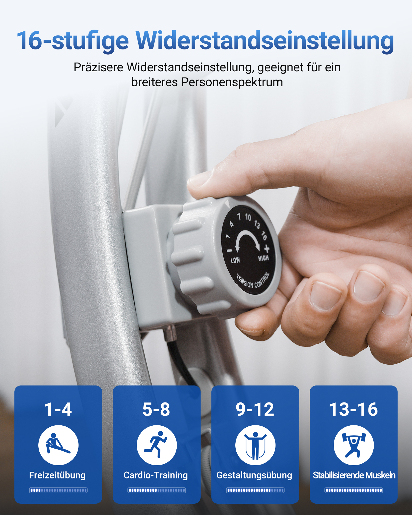 Hand stellt einen grauen Drehknopf zur Widerstandseinstellung ein.