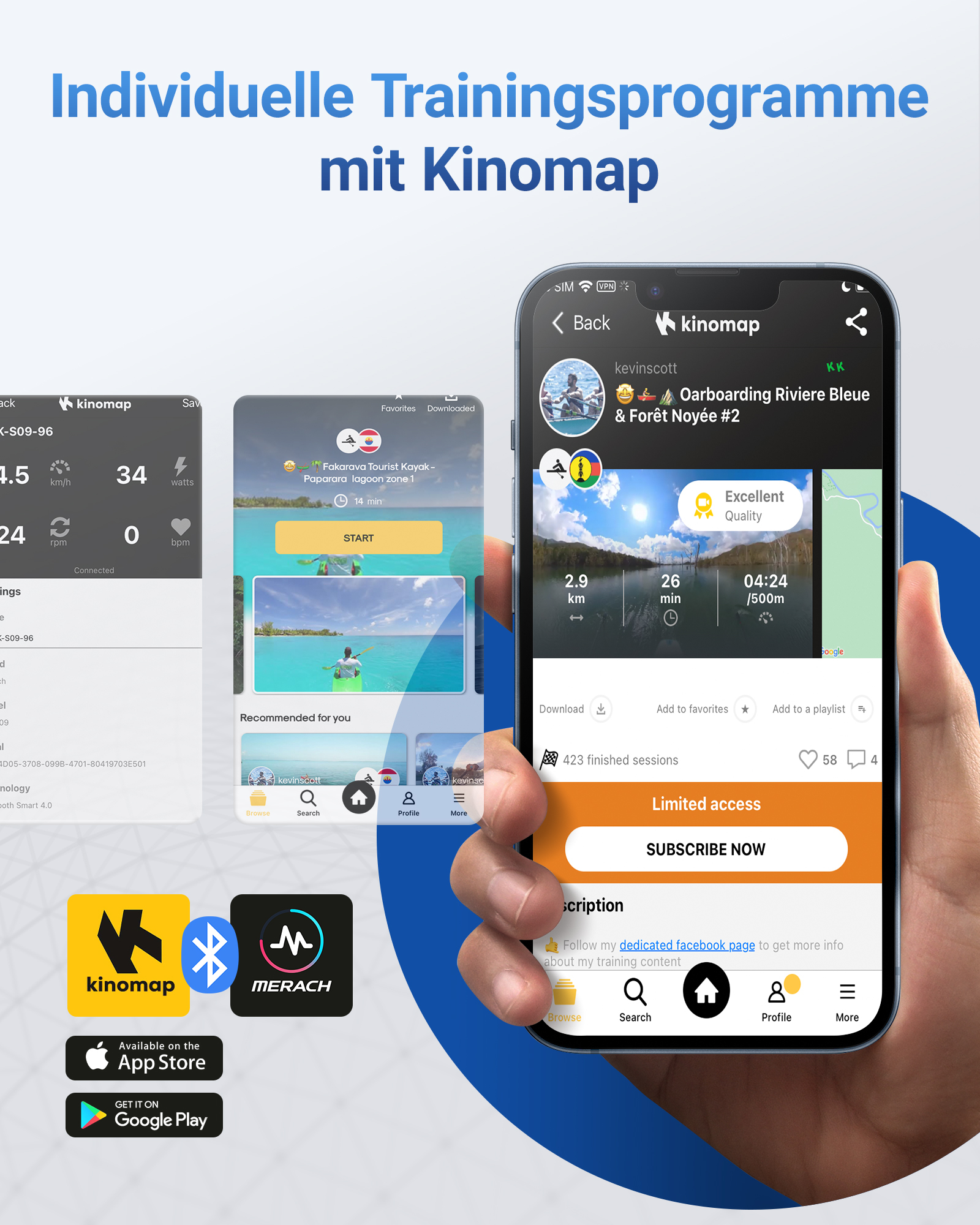 Screenshots von Kinomap-Apps zeigen Trainingsdaten, Videos und soziale Funktionen.