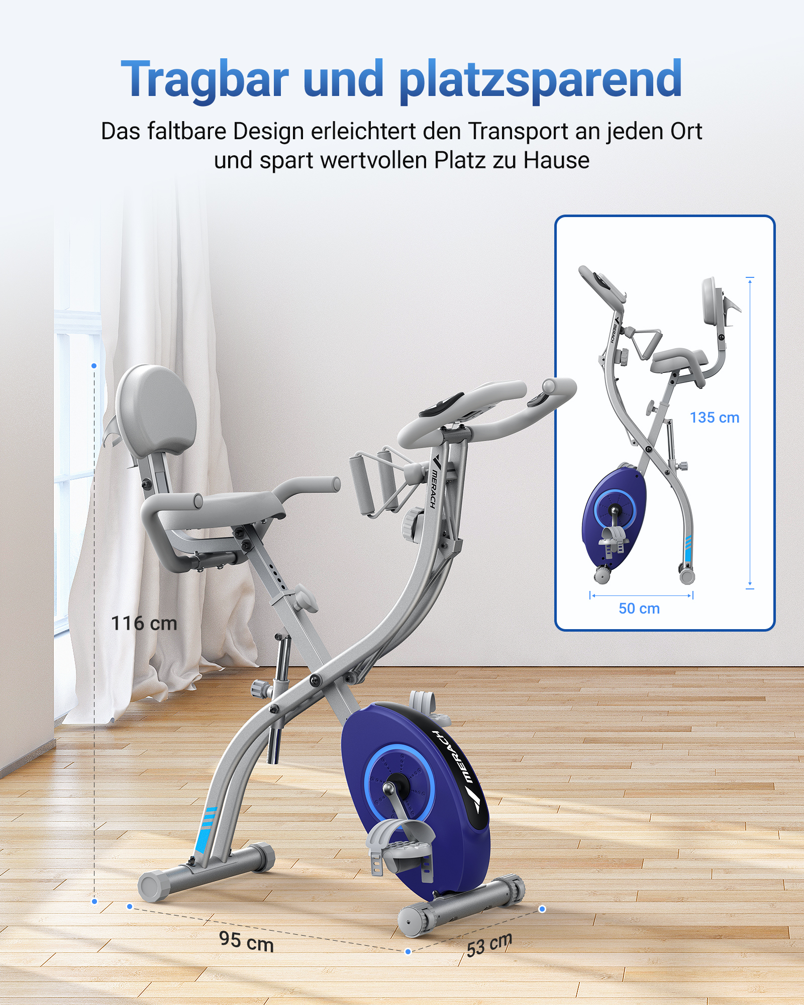 Graues faltbares Heimtrainer mit blauer Schwungscheibe und Maßen.