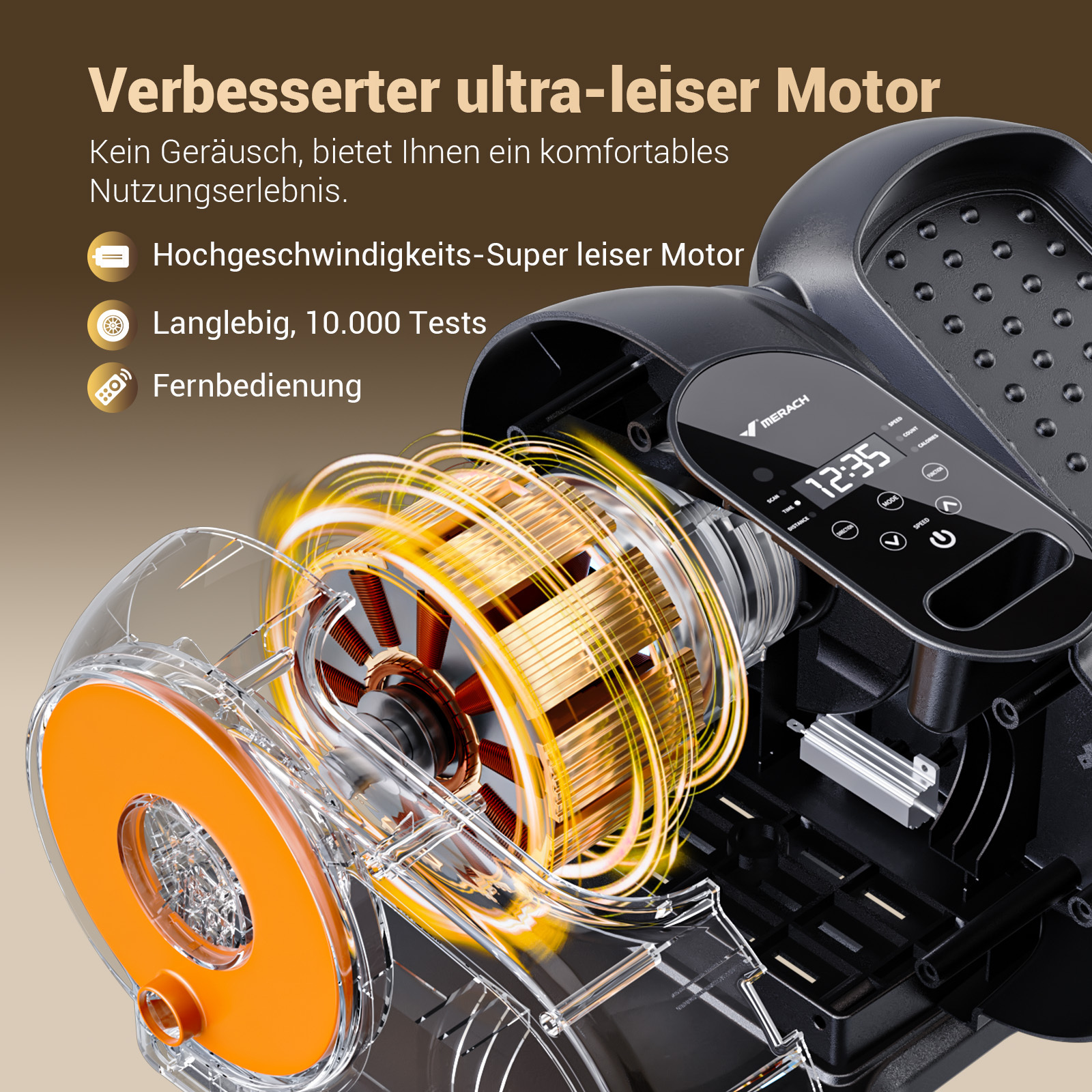 Ein ultra-leiser Motor mit leuchtenden Spulen und digitaler Anzeige.