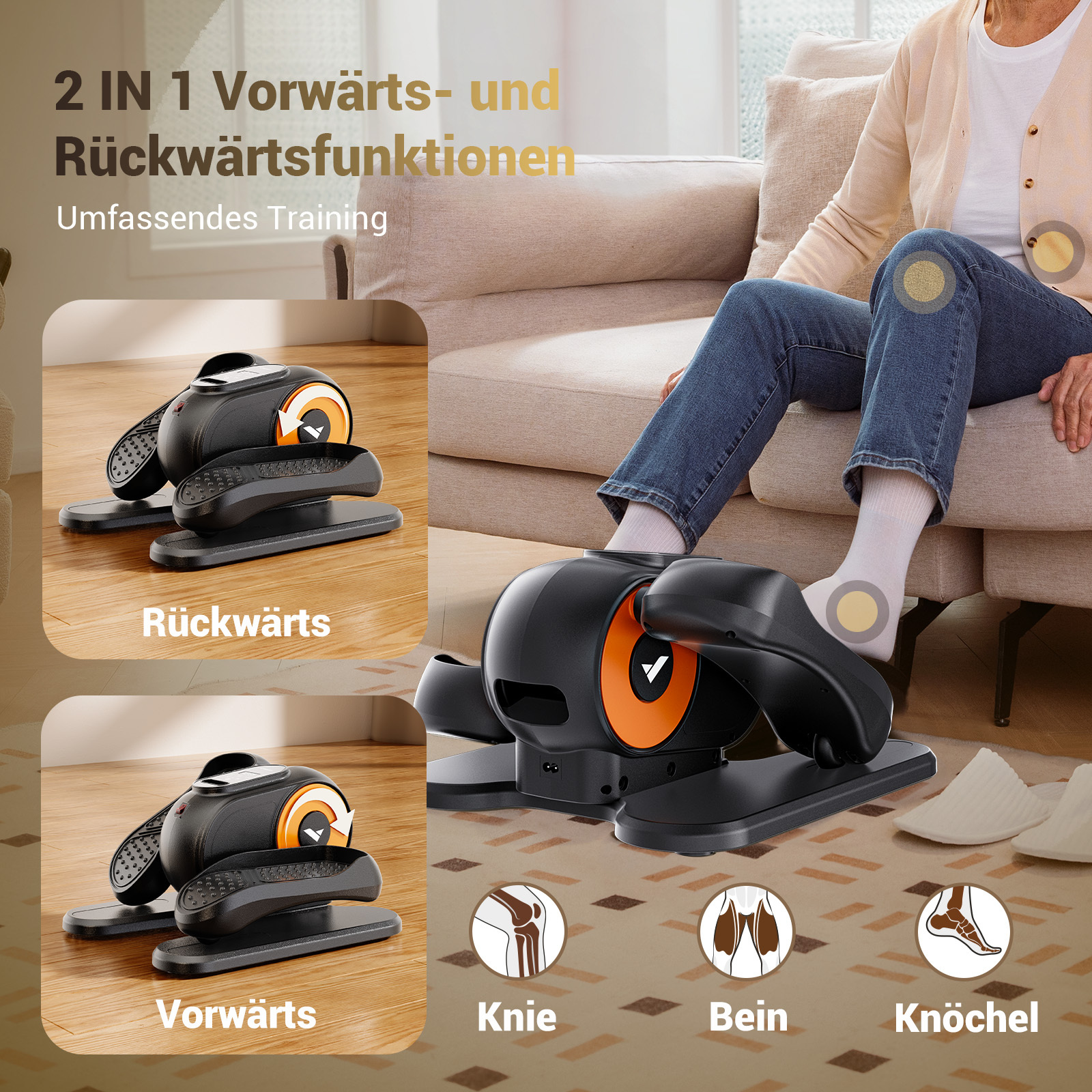 Ein Mann sitzt auf einem Sofa und benutzt einen Heimtrainer für die Füße.