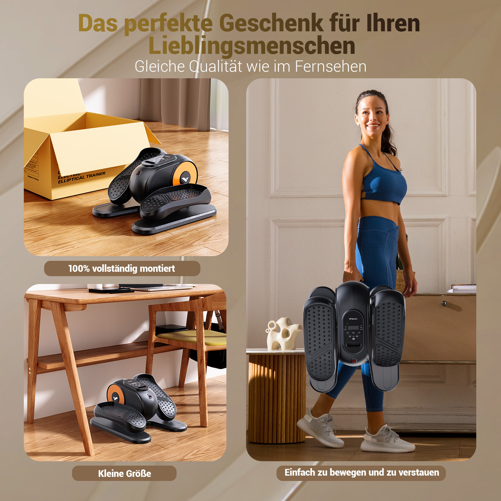 Ein Ellipsentrainer mit Box, am Schreibtisch und eine Frau trägt ihn.