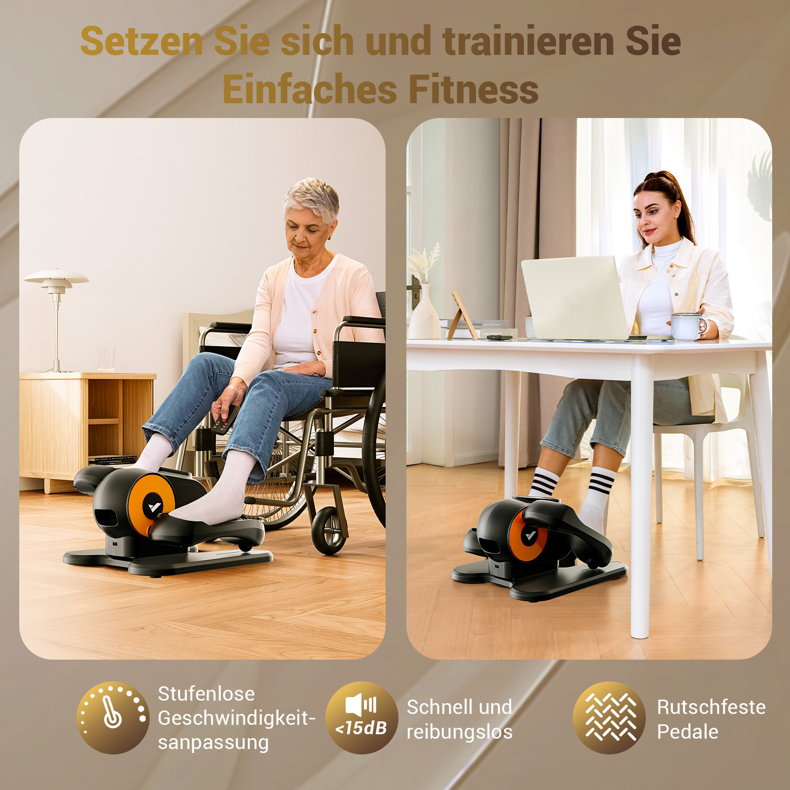 Ältere Frau im Rollstuhl und junge Frau trainieren mit Fitnessgeräten.