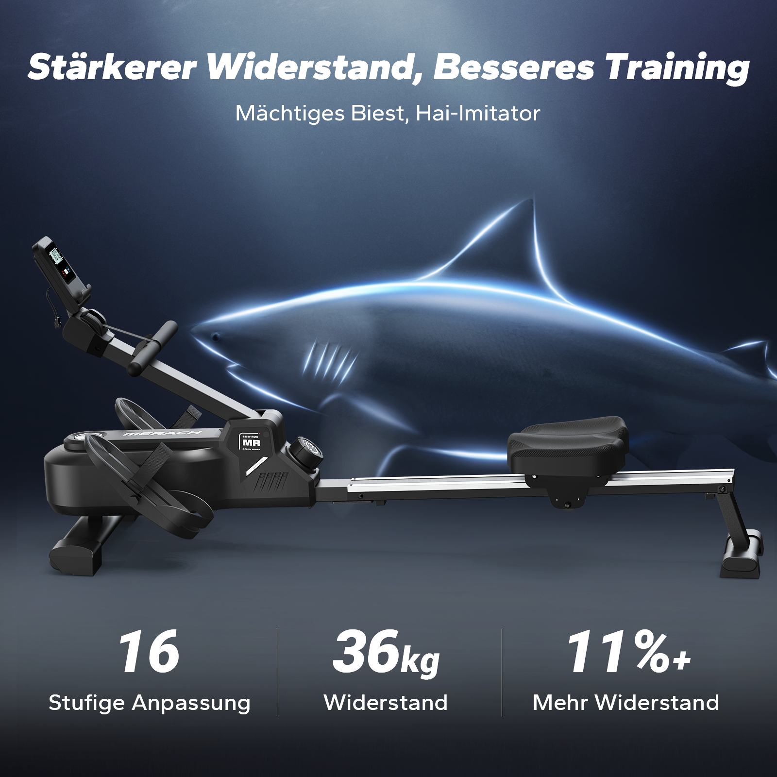 Schwarzes Rudergerät vor Haigrafik, mit Text über Anpassung und Widerstand.